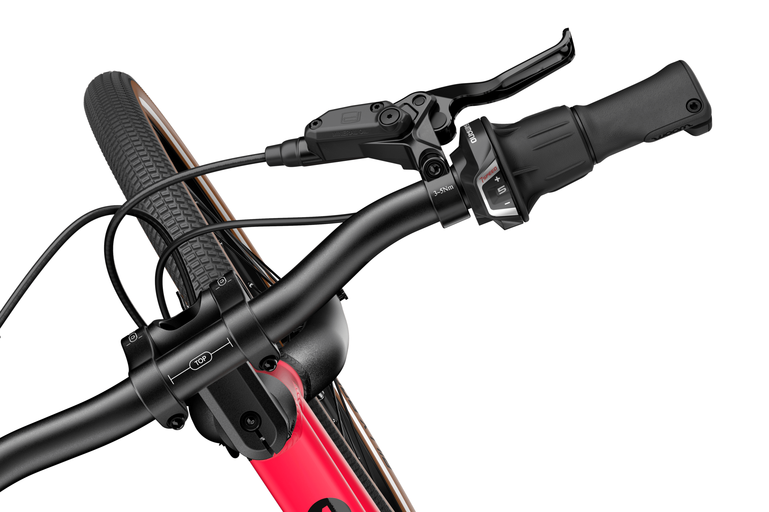 Bird's-eye view of the right handlebar end on the woom EXPLORE 4 children's bike, including brake lever and twist shifter.