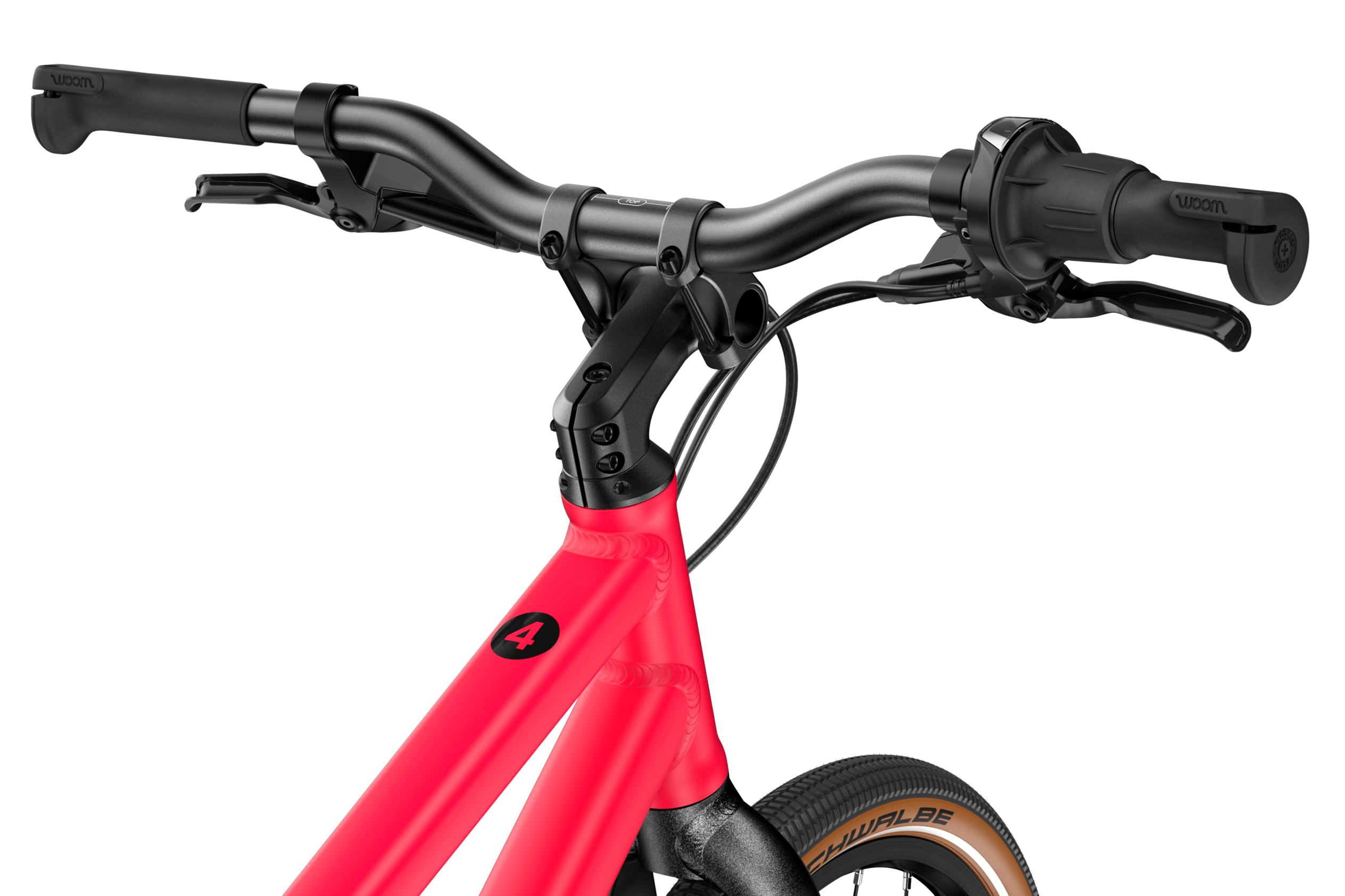 Detailed side view of the handlebars, stem, head tube and front wheel on the woom EXPLORE 4, from the saddle.