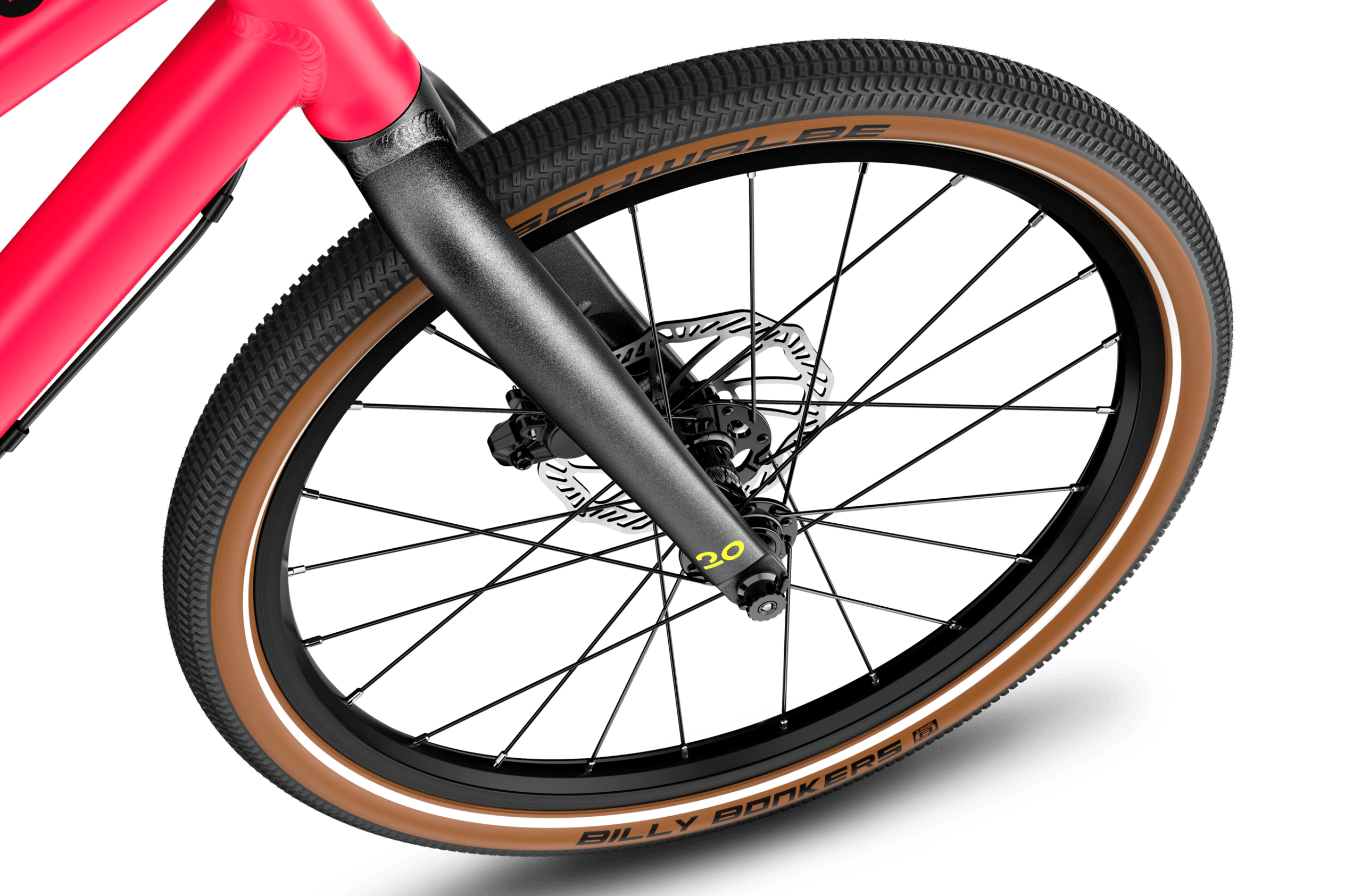 Detailed view of the 20” front wheel on the woom EXPLORE 4 children's bike.