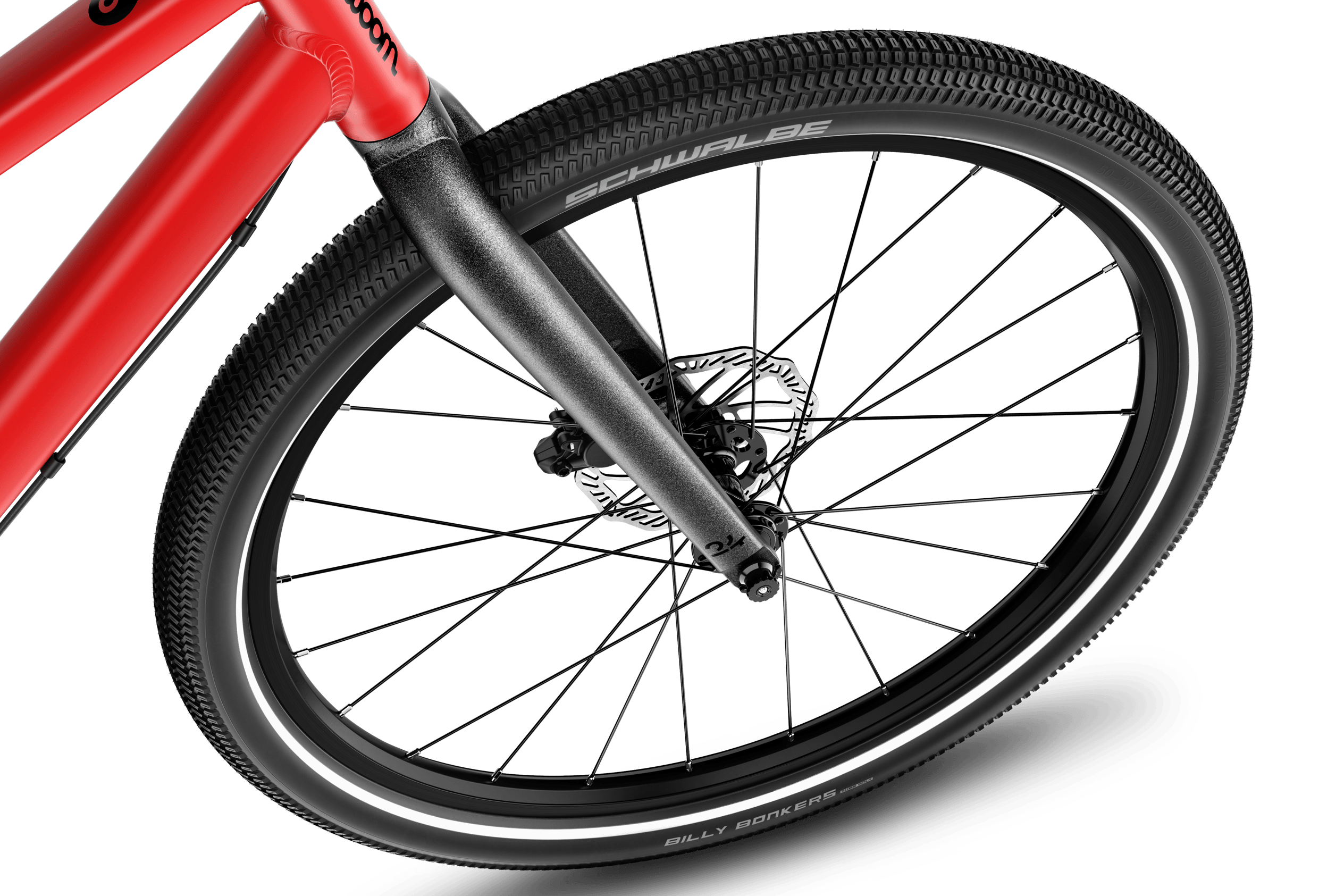 Detailansicht des 24-Zoll-Vorderrads am woom EXPLORE 5 Kinderfahrrad.