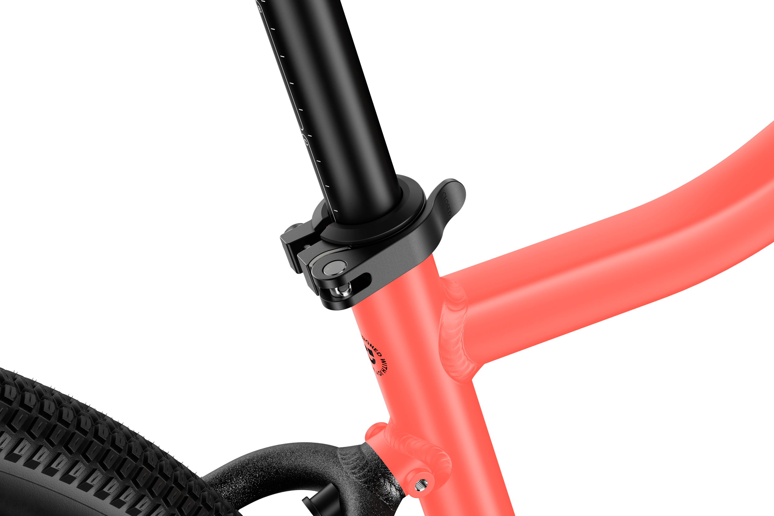 Detaljerad vy av den svarta sadelns snabbkoppling på woom EXPLORE 5-barncykeln.