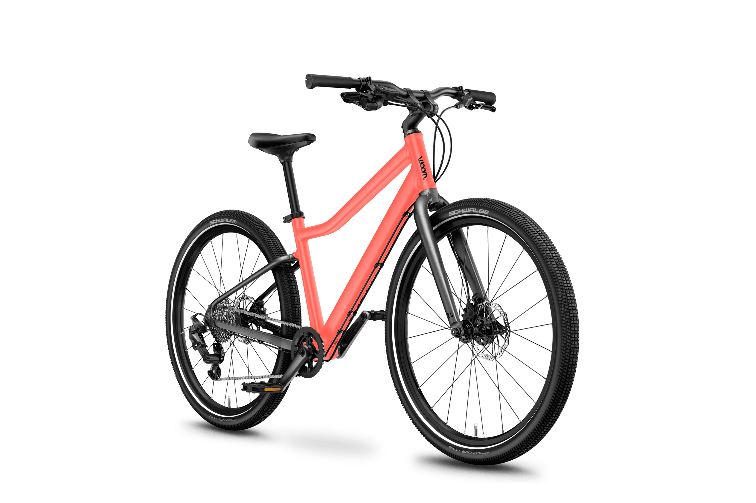 Sidovy framifrån av woom EXPLORE 5 barncyklar för barn från 7 år.