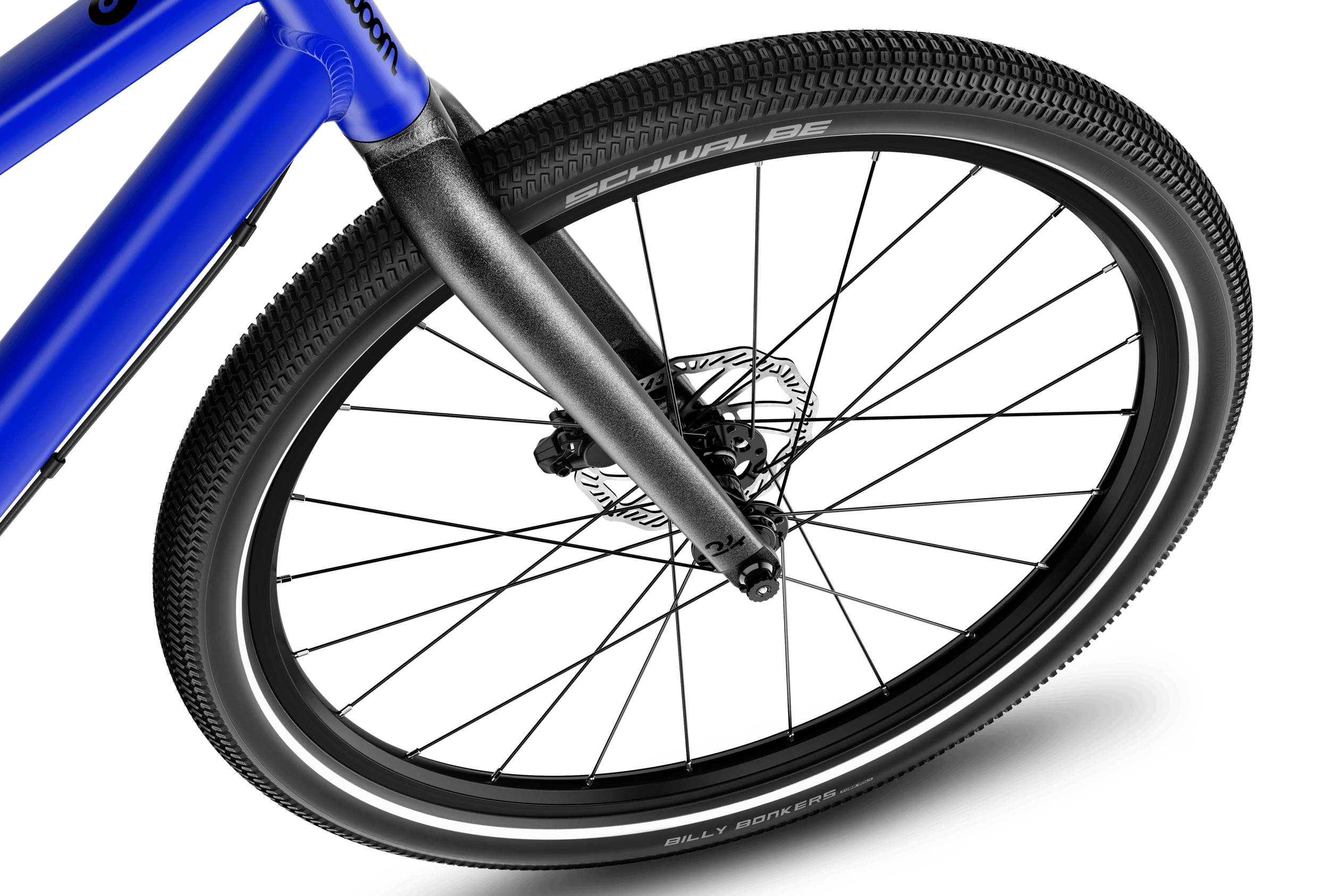 Detailed view of the 24” front wheel on the woom EXPLORE 5 children's bike.