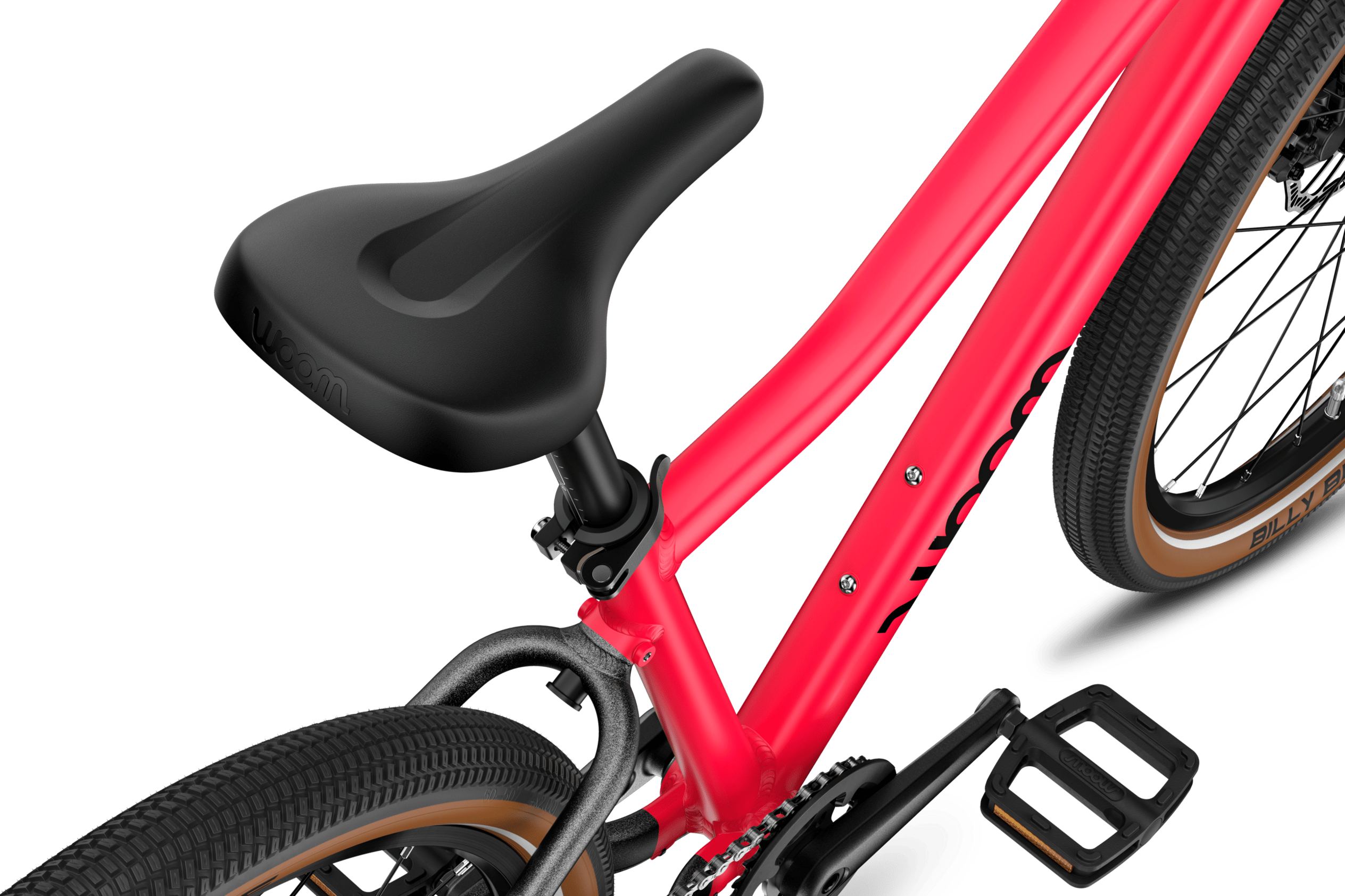 Detailansicht des schwarzen Sattels am woom EXPLORE 5 Kinderfahrrad.