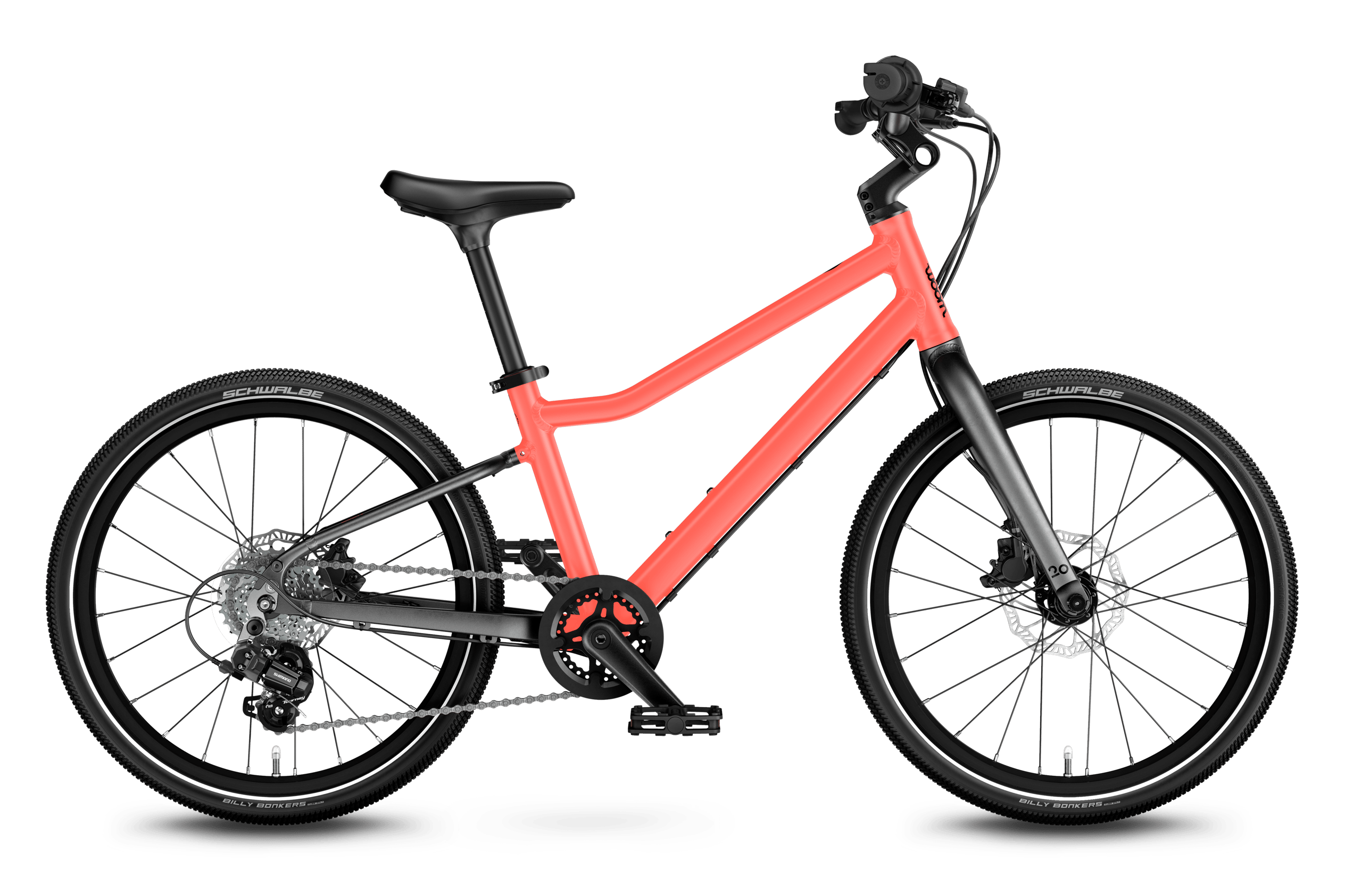 Side front view of the woom EXPLORE 4 bike for children aged 6 years and up.