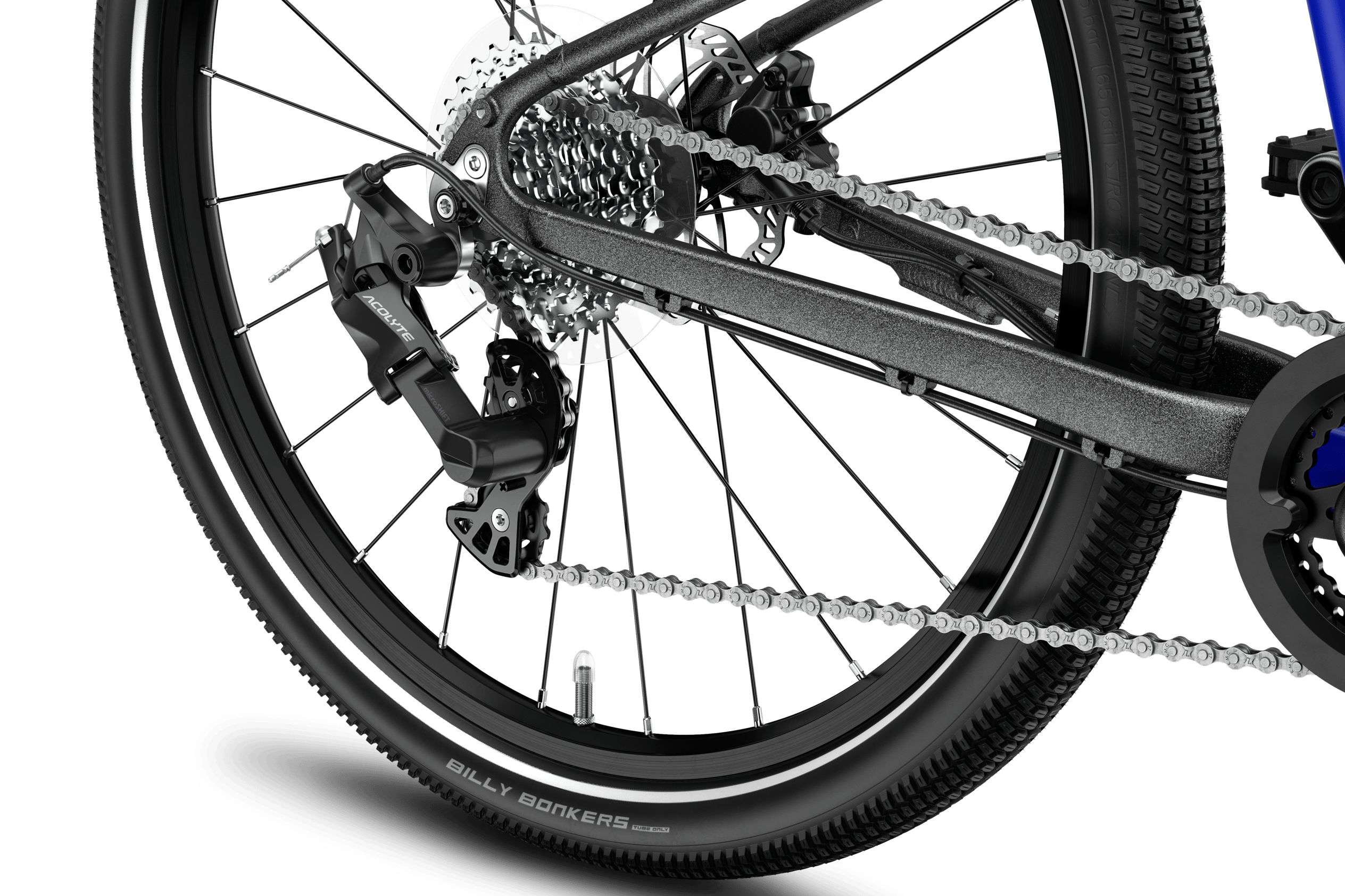 Detaljerad vy av bakhjulet på woom EXPLORE 4-barncykeln, med kassett och Shimano-växelsystem.
