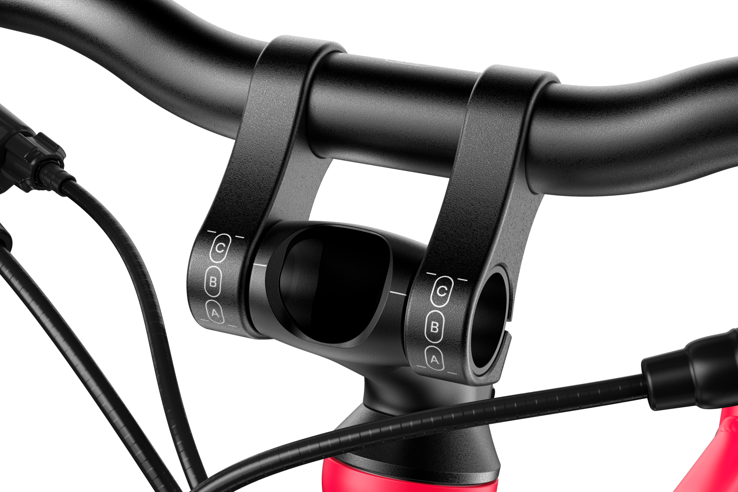 Detailed view of the ABC guide on the black stem on the woom EXPLORE 4 children's bike.