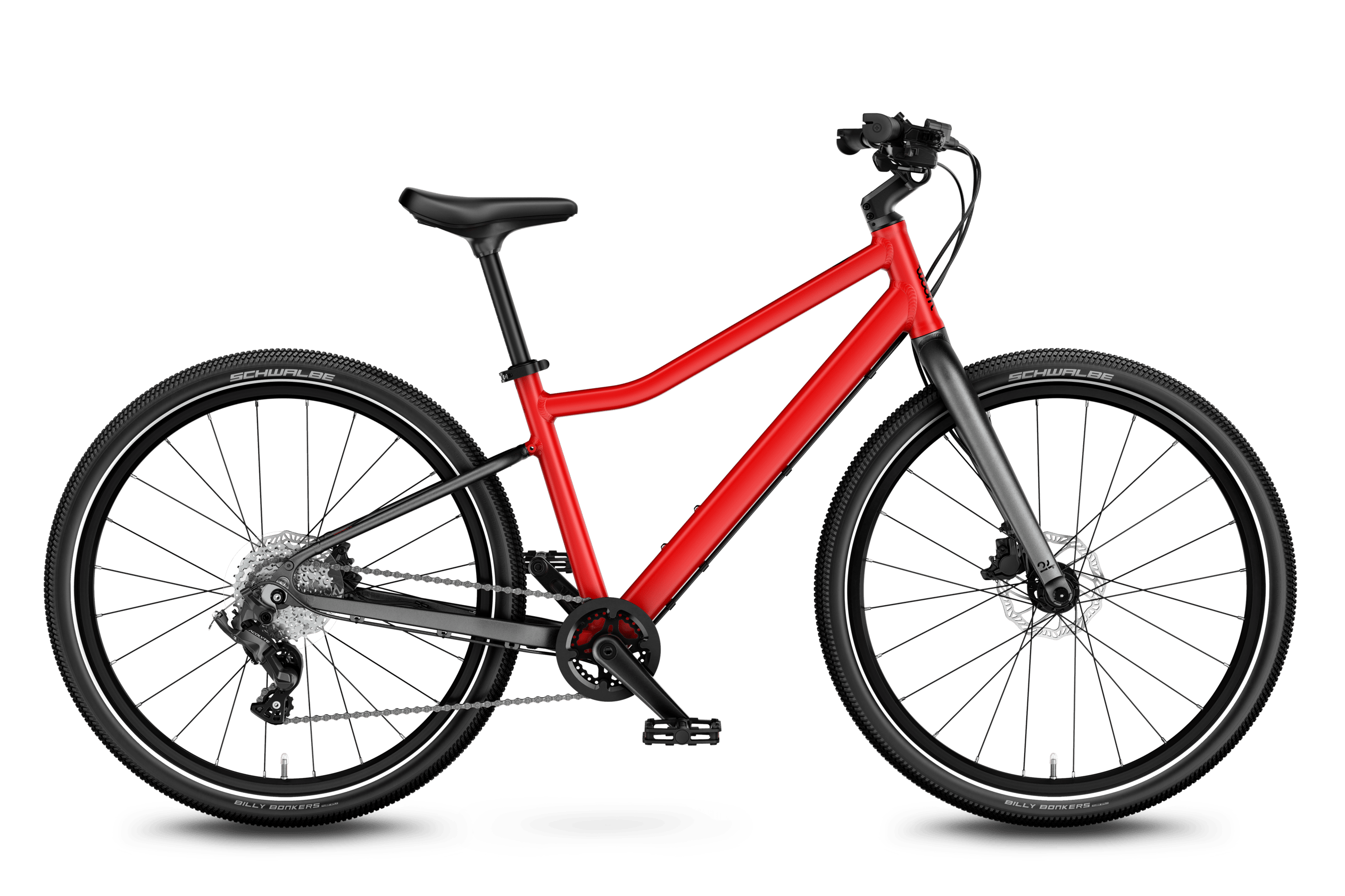 Vue latérale de face du vélo enfant woom EXPLORE 5 pour les enfants à partir de sept ans.