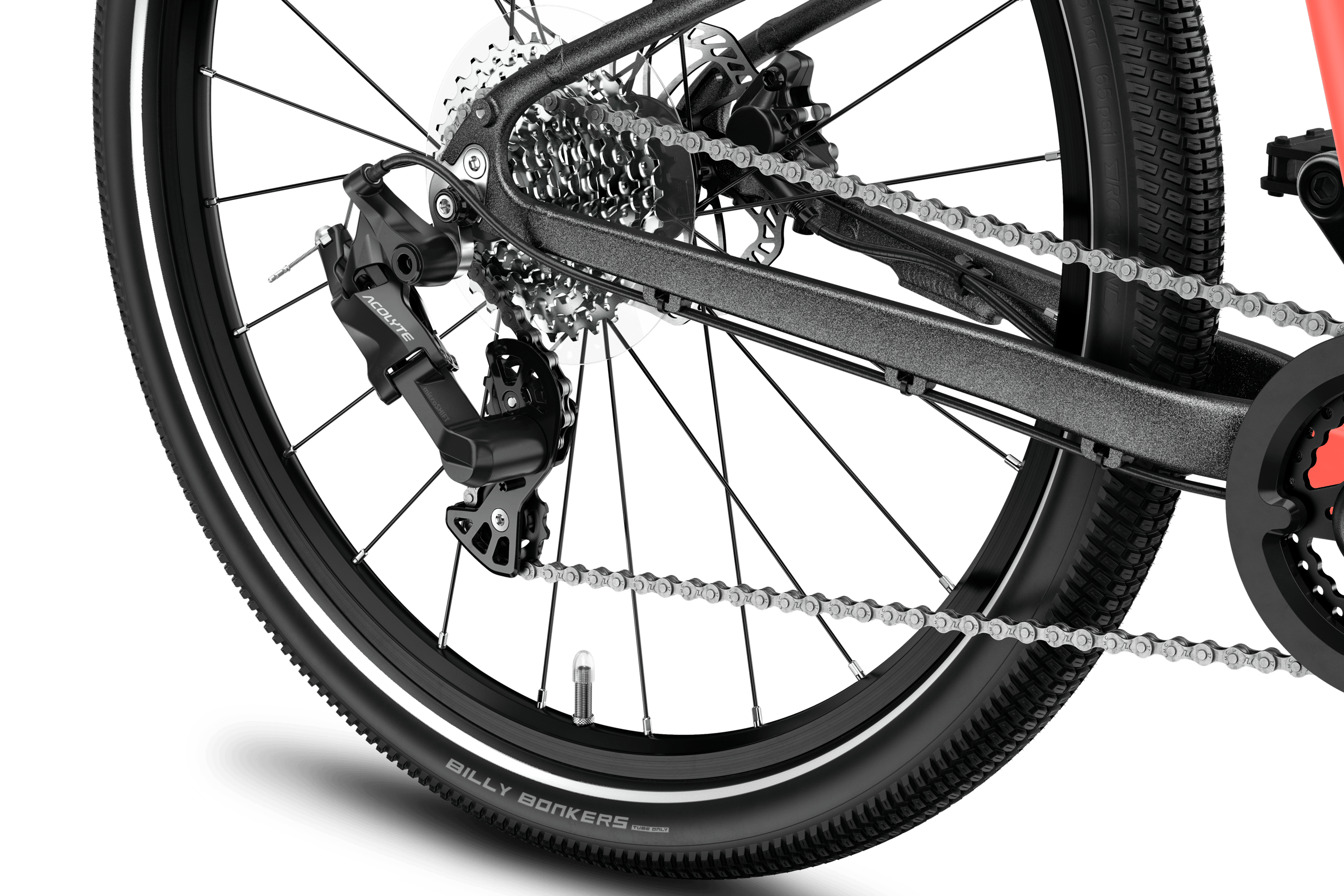 Detaljerad vy av bakhjulet på woom EXPLORE 5-barncykel, med kassett och microSHIFT-växelsystem.