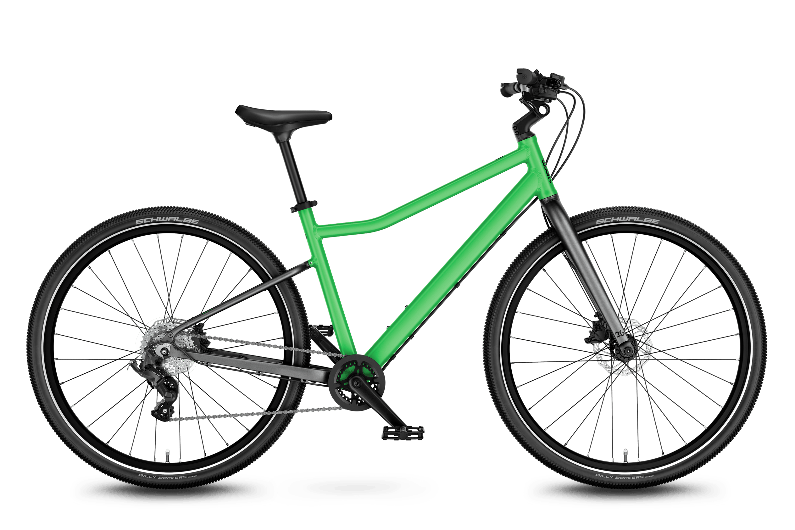 Vue latérale de face du vélo enfant woom EXPLORE 6 pour les enfants à partir de dix ans.