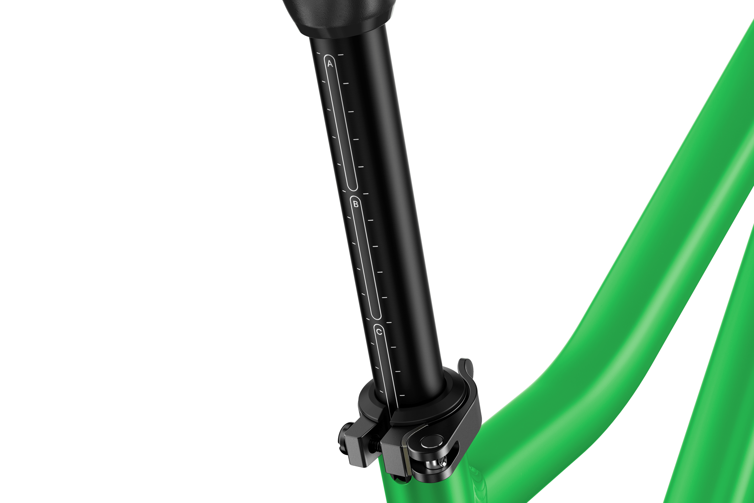 Vue détaillée du marquage ABC sur la tige de selle noire du vélo enfant woom EXPLORE 6.