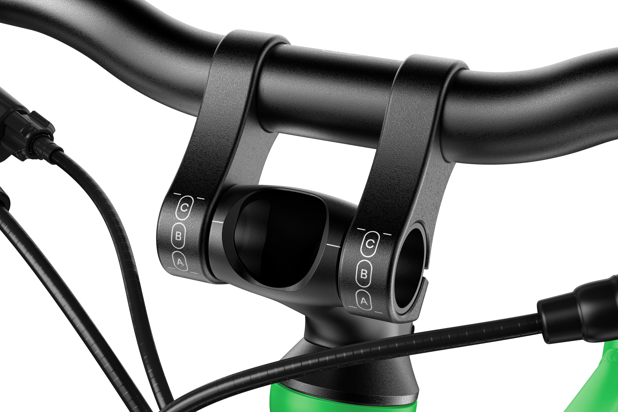 Vue détaillée du marquage ABC sur la potence noire du vélo enfant woom EXPLORE 6.