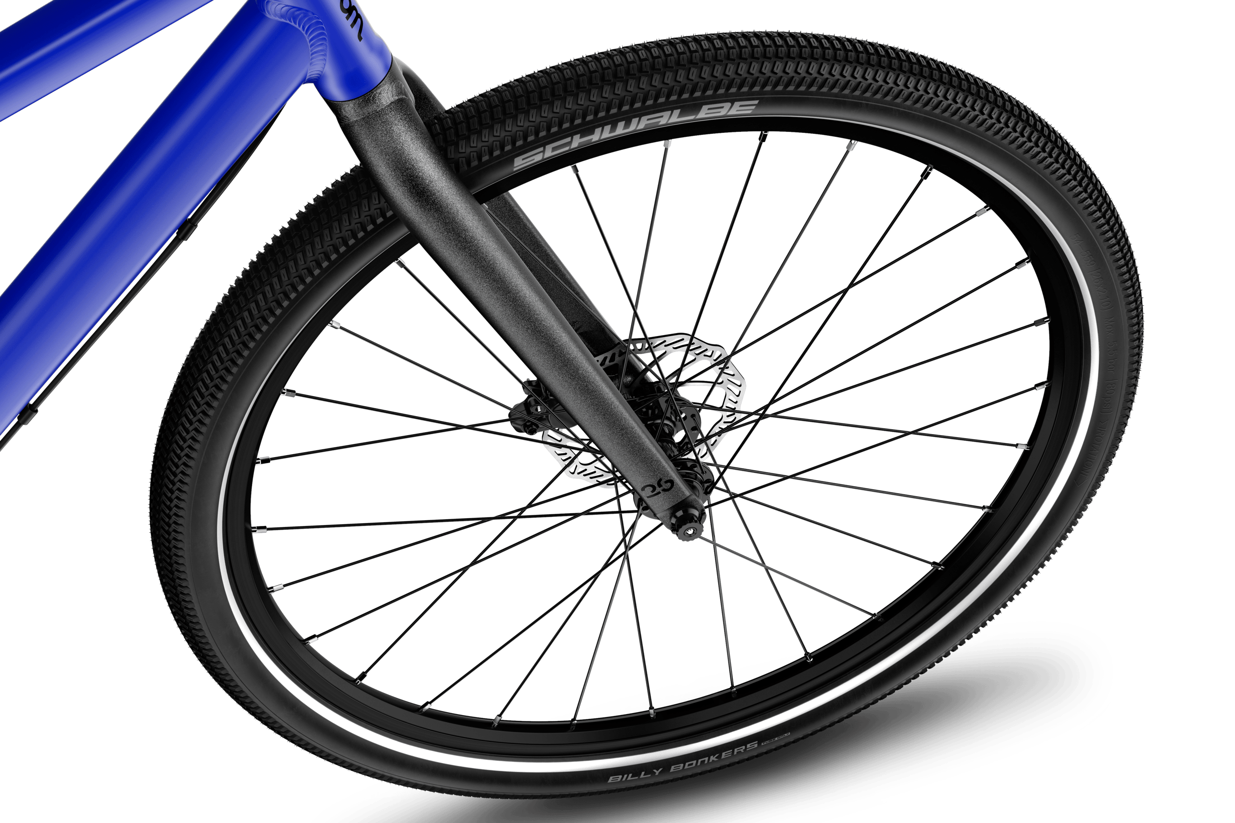 Detailed view of the 26” front wheel on the woom EXPLORE 6 children's bike.
