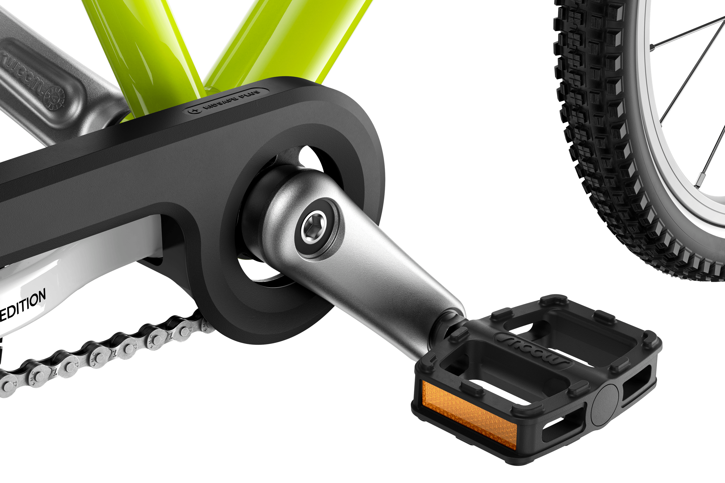Detailaanzicht van de crank, pedalen en kettingkast van de woom GO 3-kinderfiets