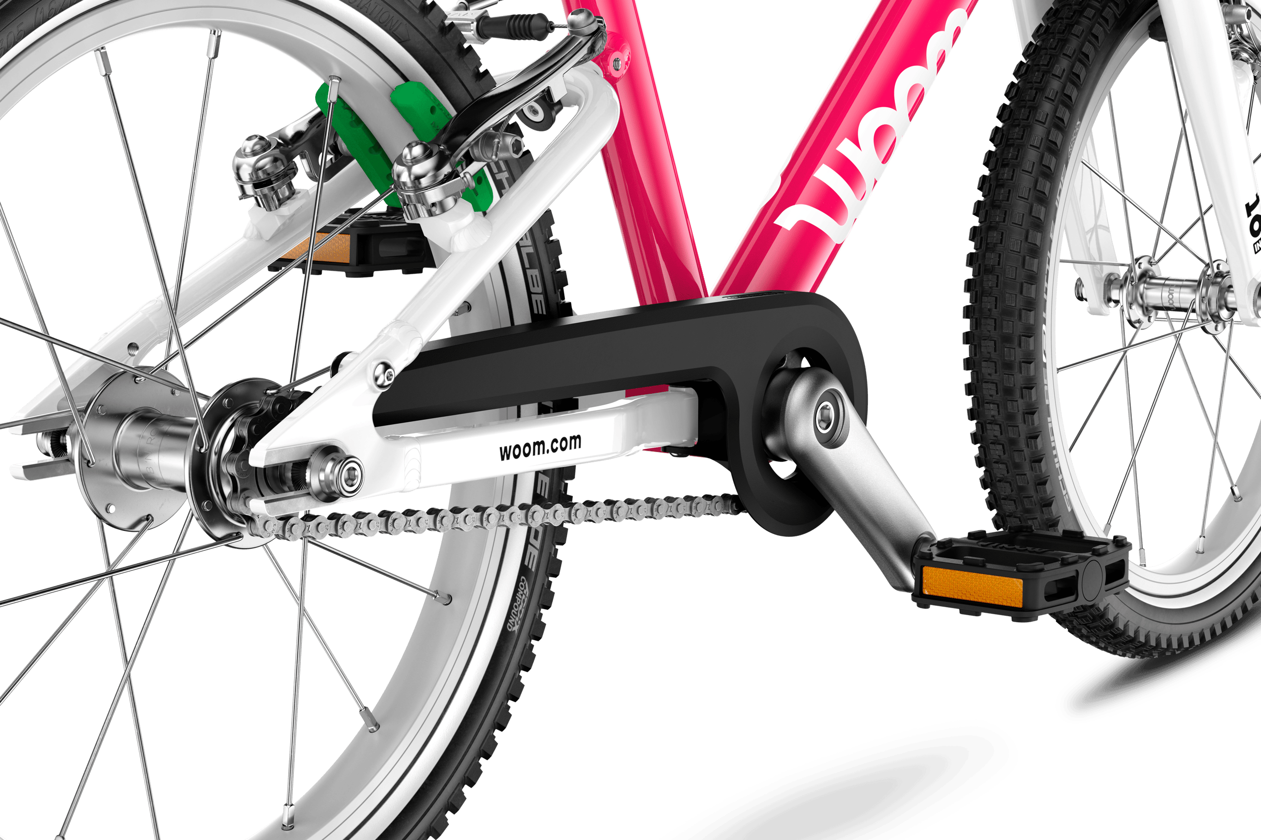 Detailansicht des einflügeligen Kettenschutzes am Kinderfahrrad woom GO 3 AUTOMAGIC