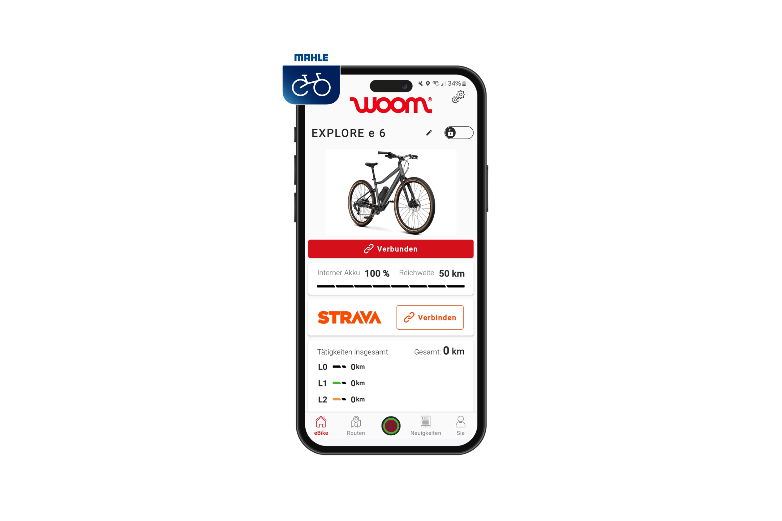 Handy mit geöffneter MAHLE SmartBike App, verbunden mit einem woom EXPLORE e 6.