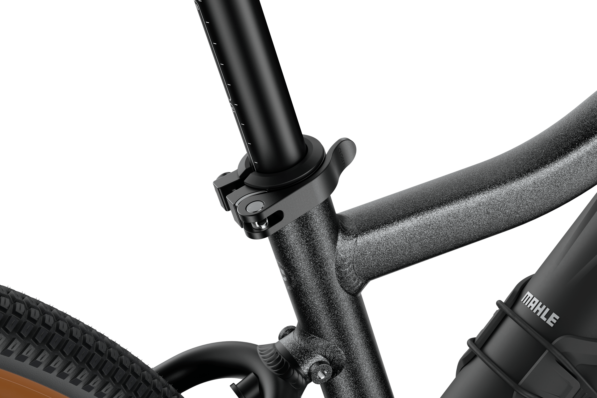 Detailansicht des schwarzen Sattelschnellspanners am woom EXPLORE e 5 E-Bike für Kinder.