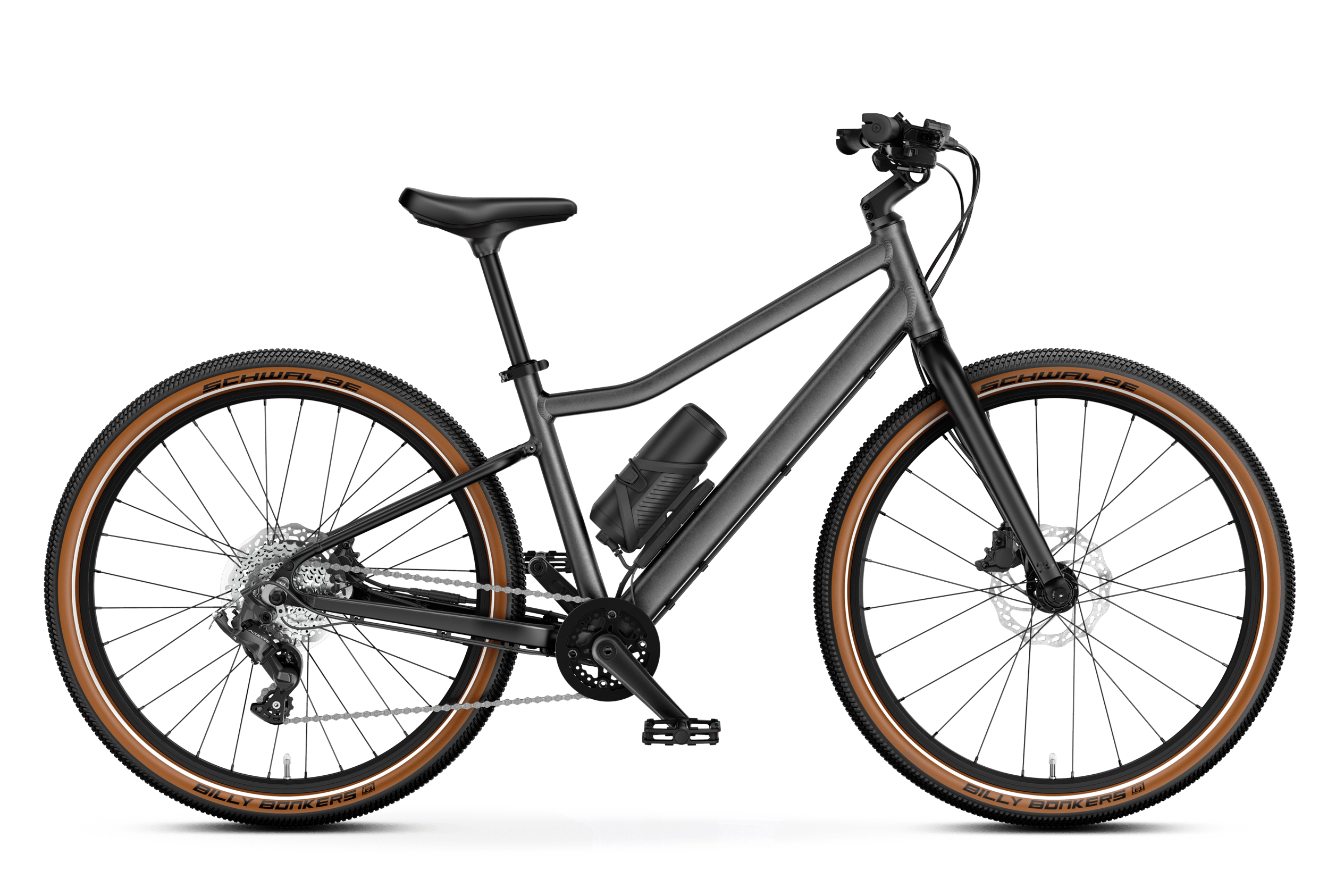 Seitenansicht des woom EXPLORE e 5 E-Bikes, Fahrtrichtung nach rechts.