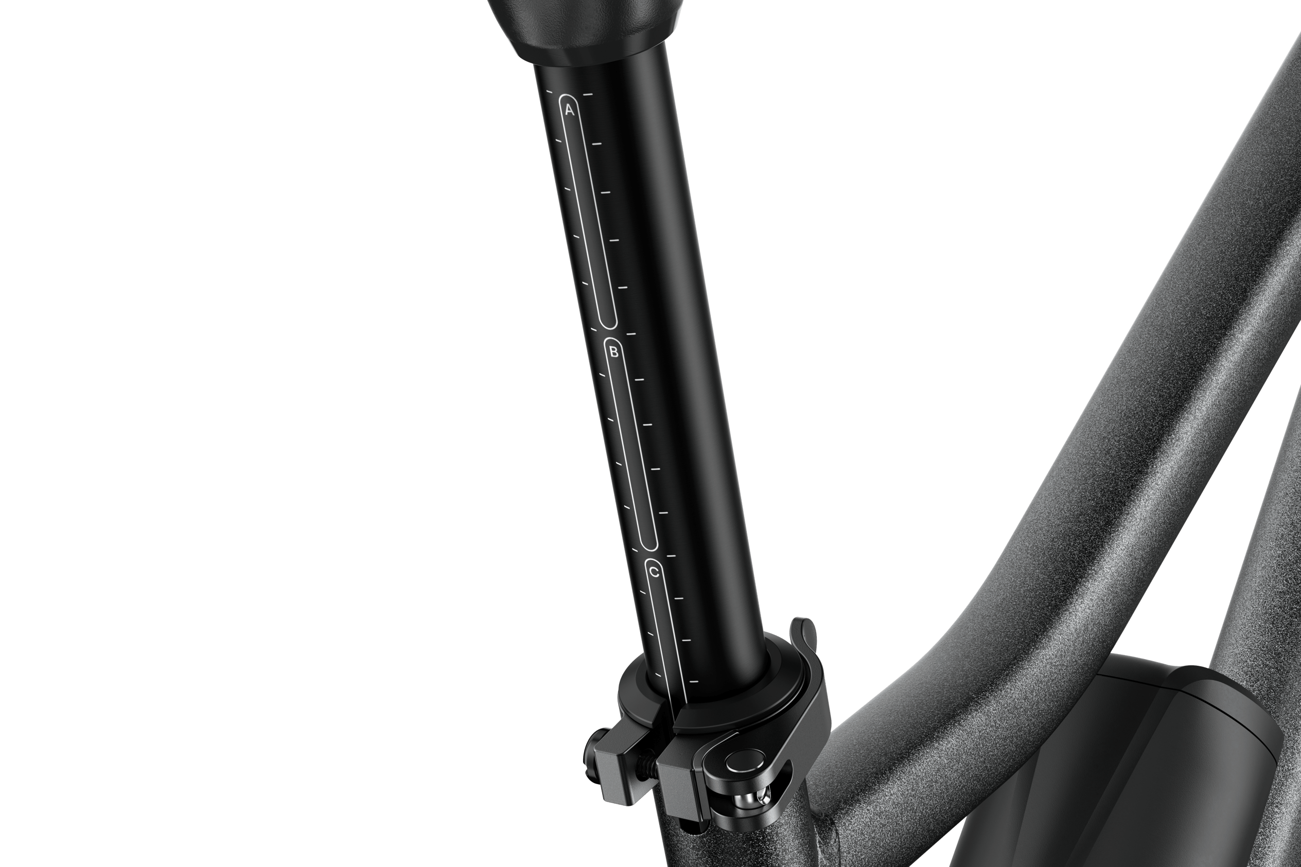 Detailansicht der ABC-Markierung auf der schwarzen Sattelstütze des woom EXPLORE e 5 E-Bikes.