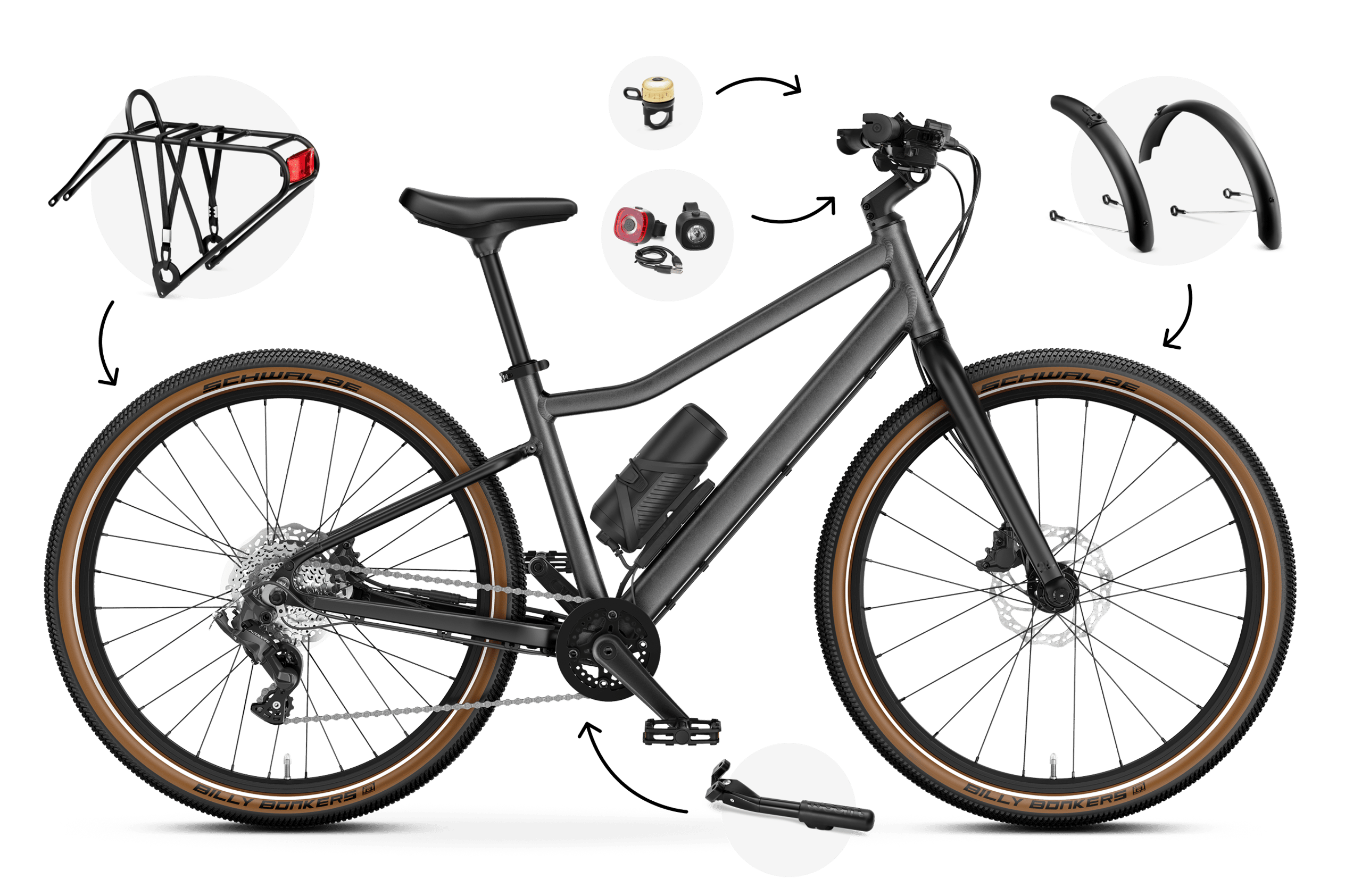 Seitliche Frontansicht des woom EXPLORE e 5 E-Bikes, für Kinder ab sieben Jahren.