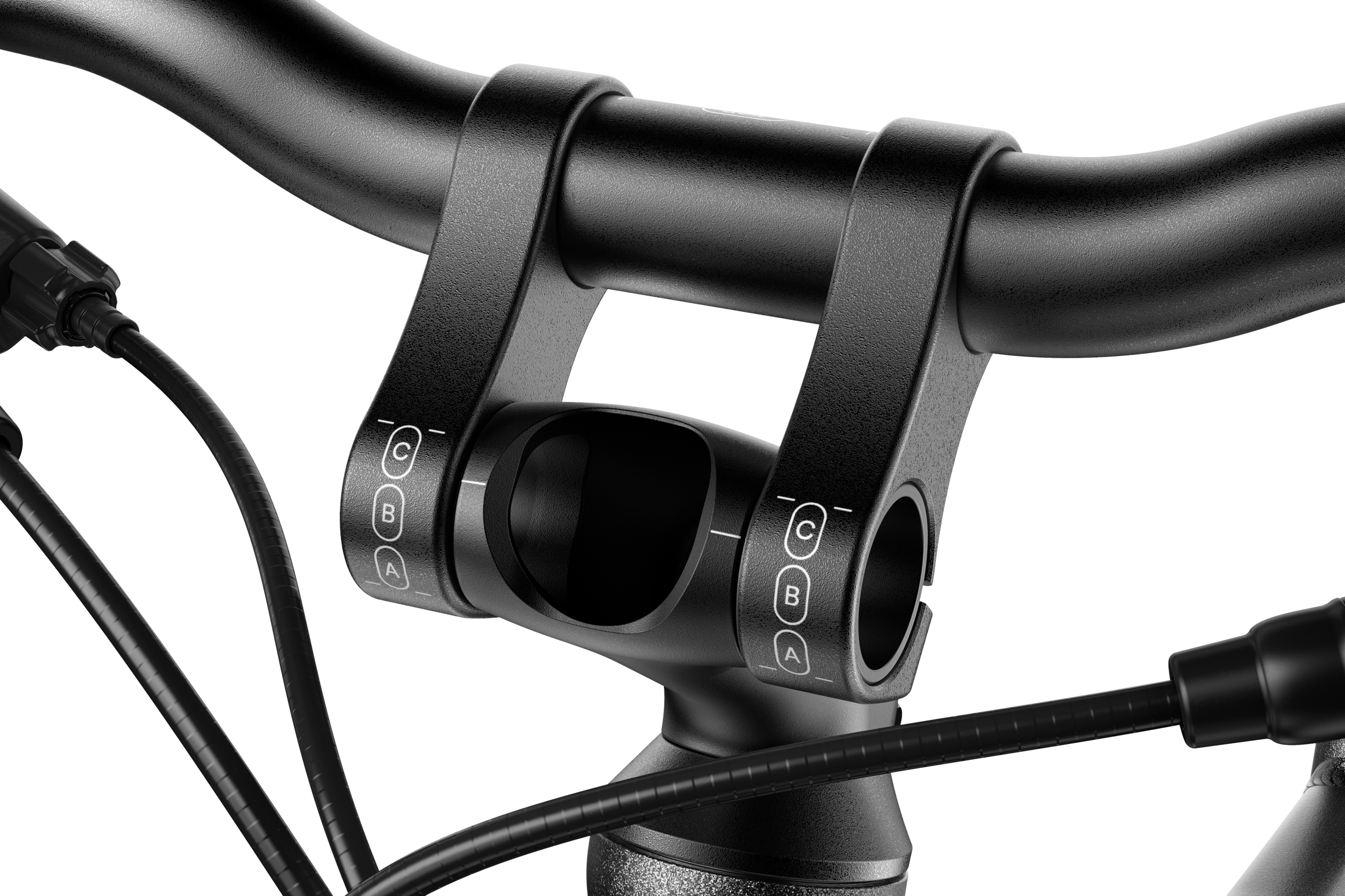 Detailansicht der ABC-Markierung auf dem schwarzen Vorbau des woom EXPLORE e 5 E-Bikes.