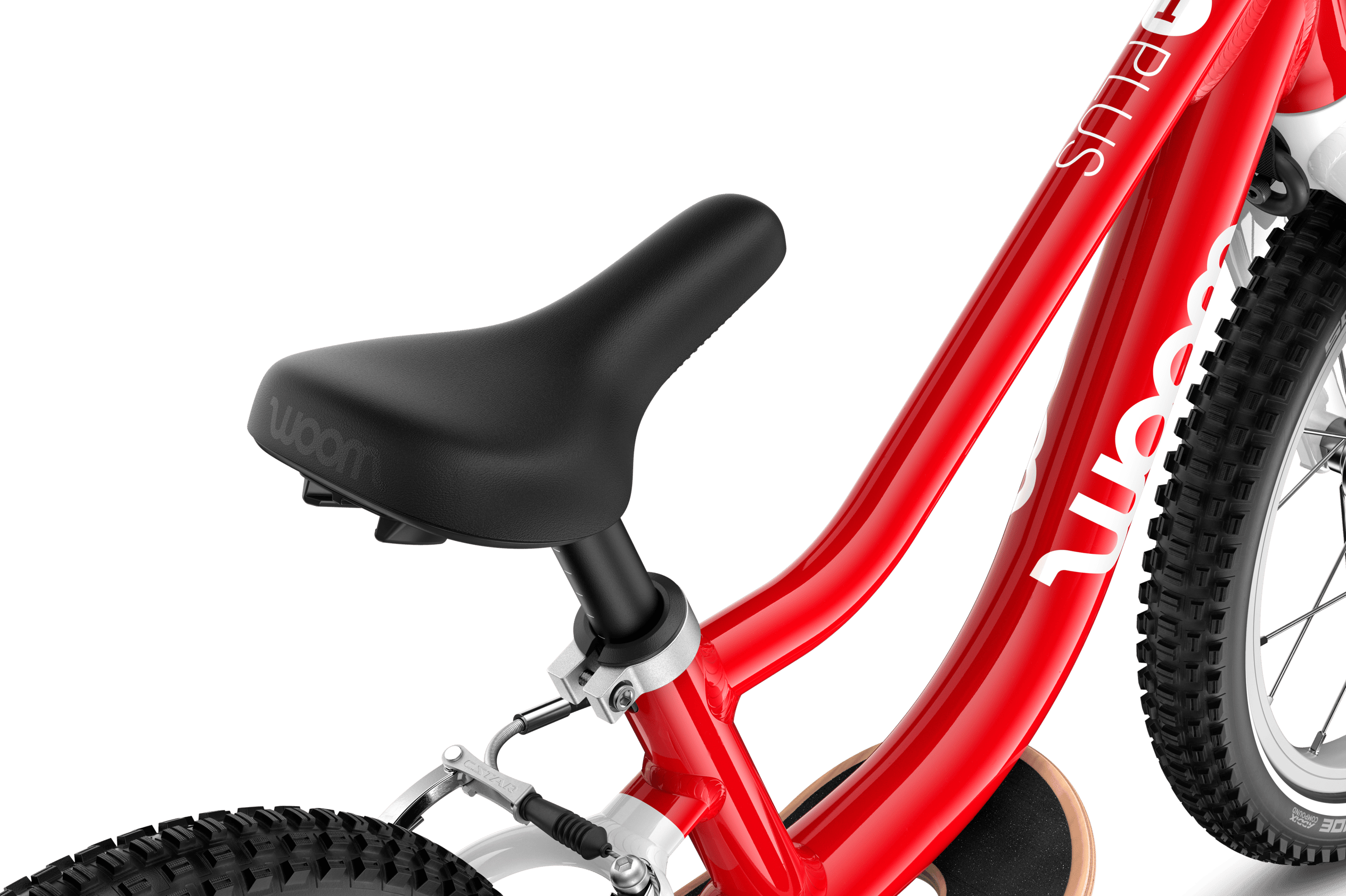 Detailed view of the banana-shaped saddle on the woom GO 1 PLUS balance bike