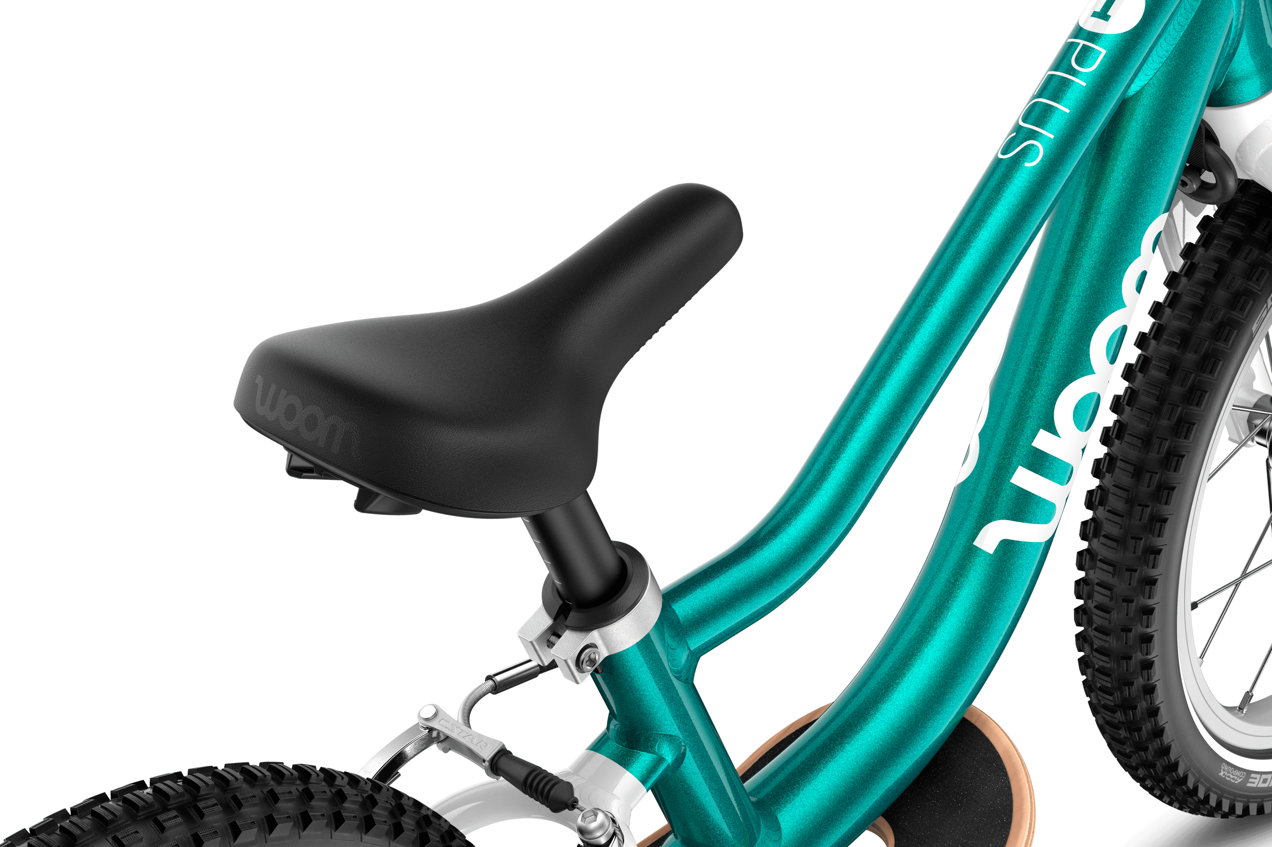 Detailaanzicht van het gebogen zadel van de woom GO 1 PLUS-loopfiets