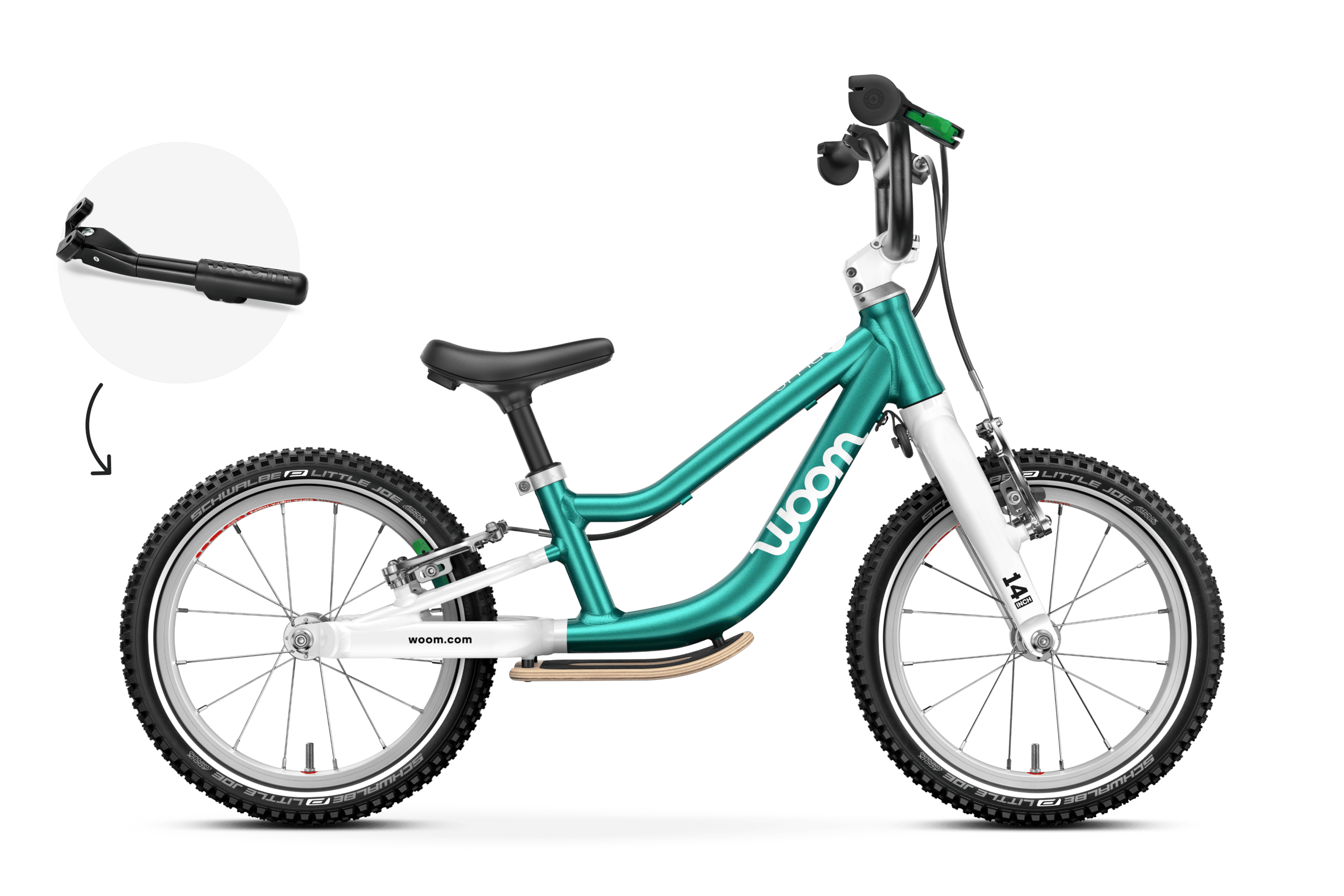 Zijaanzicht van de woom GO 1 PLUS-loopfiets voor kinderen vanaf drie jaar