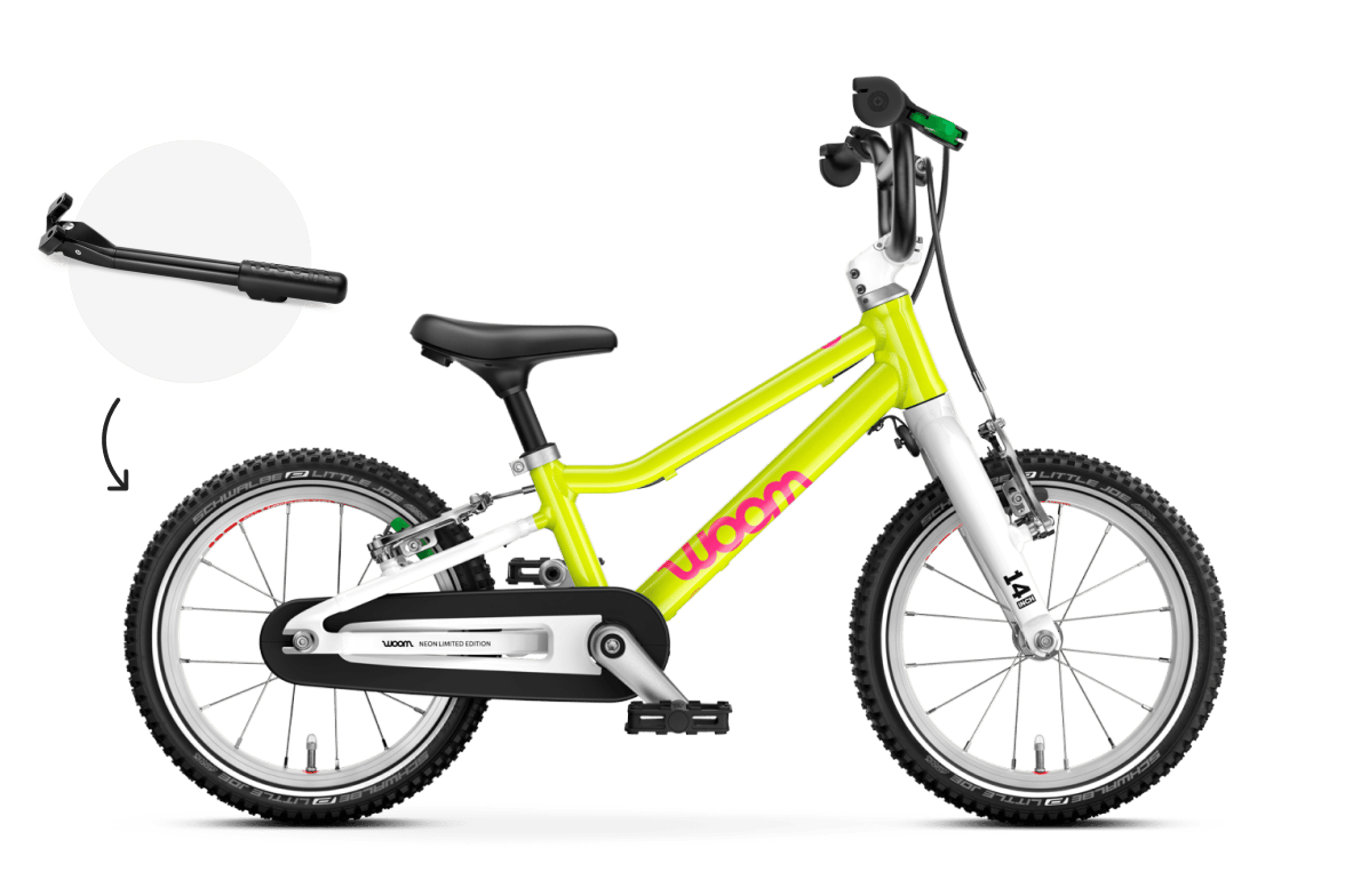 Zijaanzicht van de woom GO 2-kinderfiets voor kinderen vanaf drie jaar