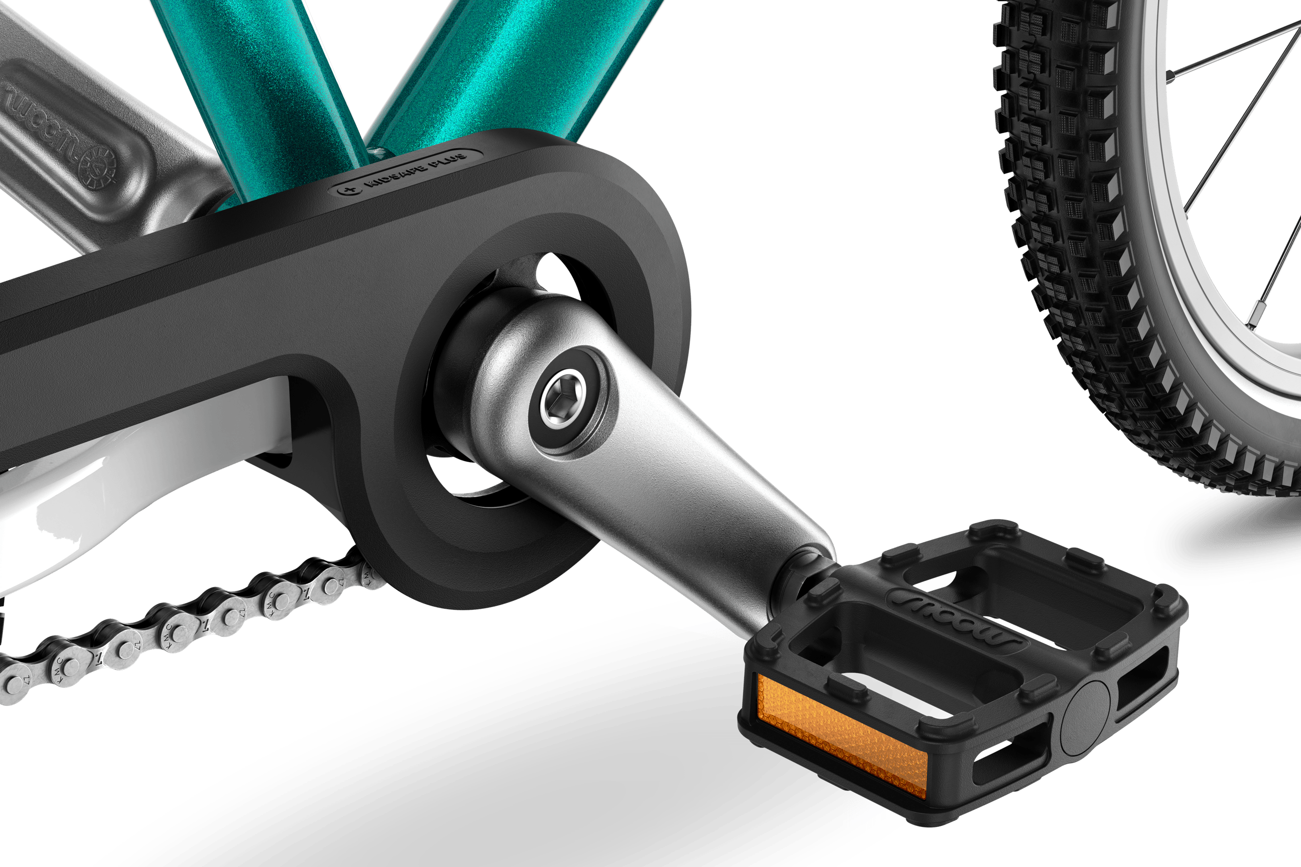 Detaljeret visning af pedaler, pedalarm og kædeskærm på woom GO 3
