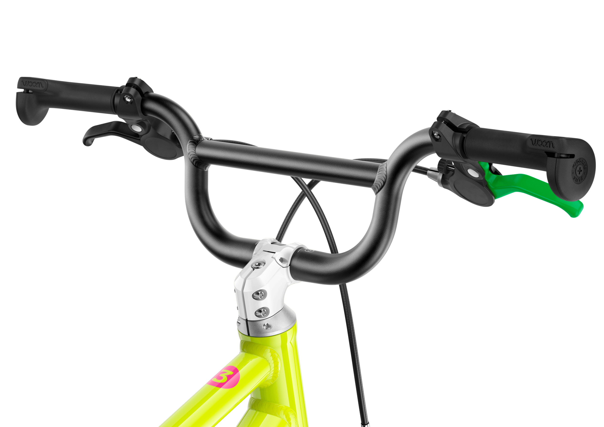 Detailed view of the stem, BMX handlebars and grips on the woom GO 3 children's bike