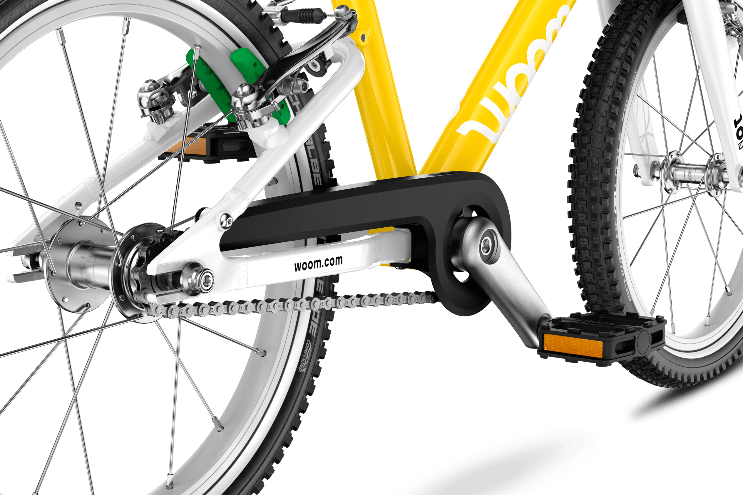 Detailansicht des einflügeligen Kettenschutzes am Kinderfahrrad woom GO 3 AUTOMAGIC