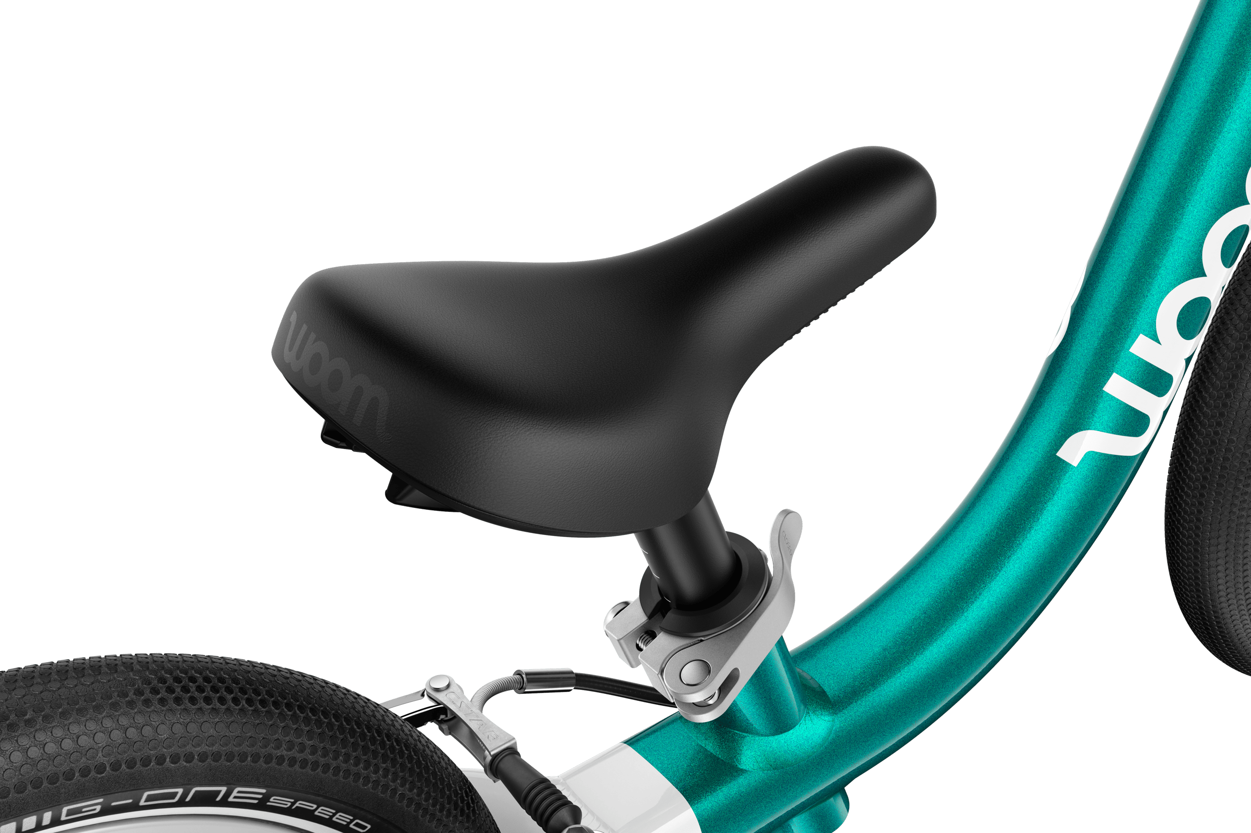 Detailed view of the banana-shaped saddle on the woom GO 1 balance bike