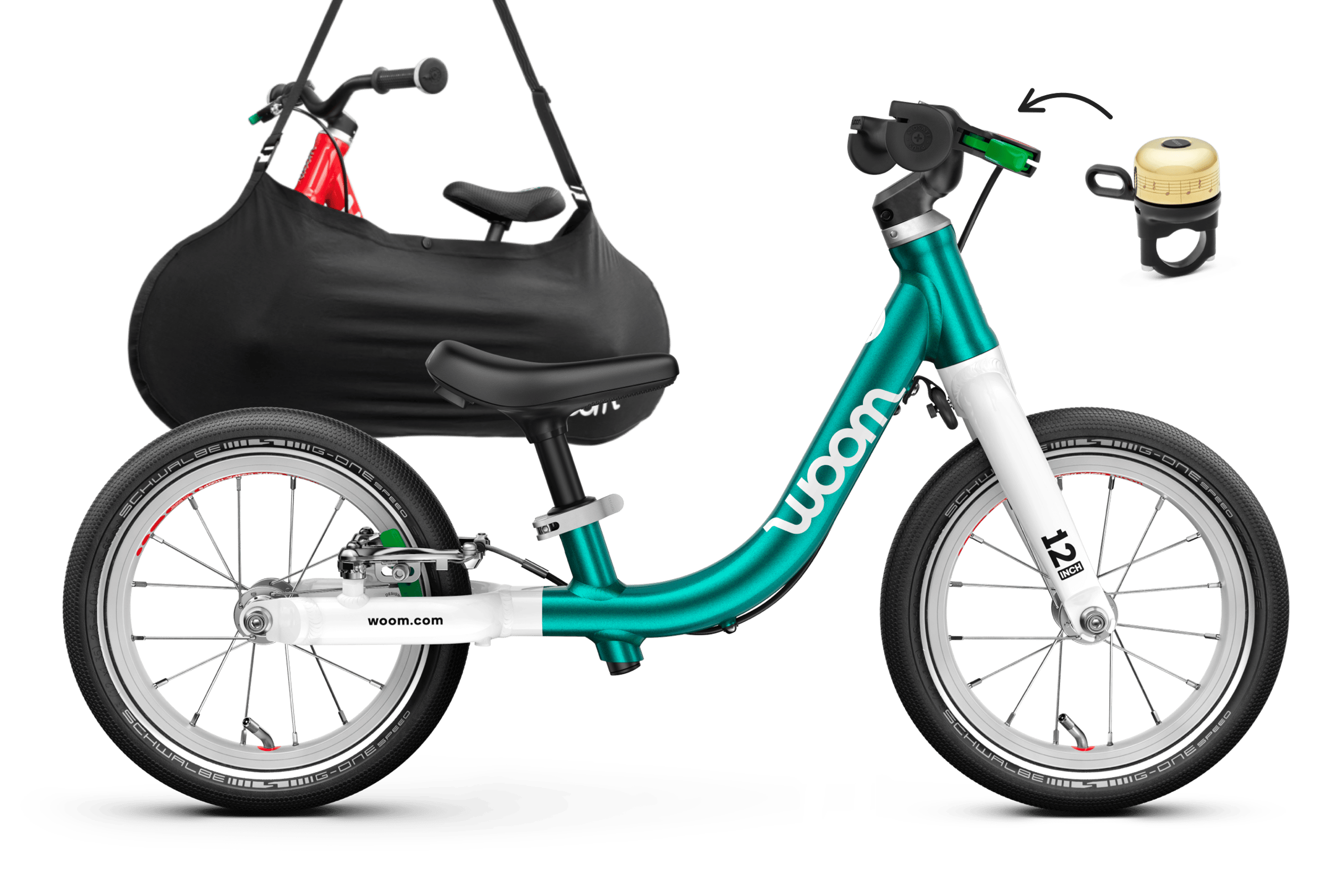 Profile view of the woom GO 1 balance bike for children aged 18 months and up
