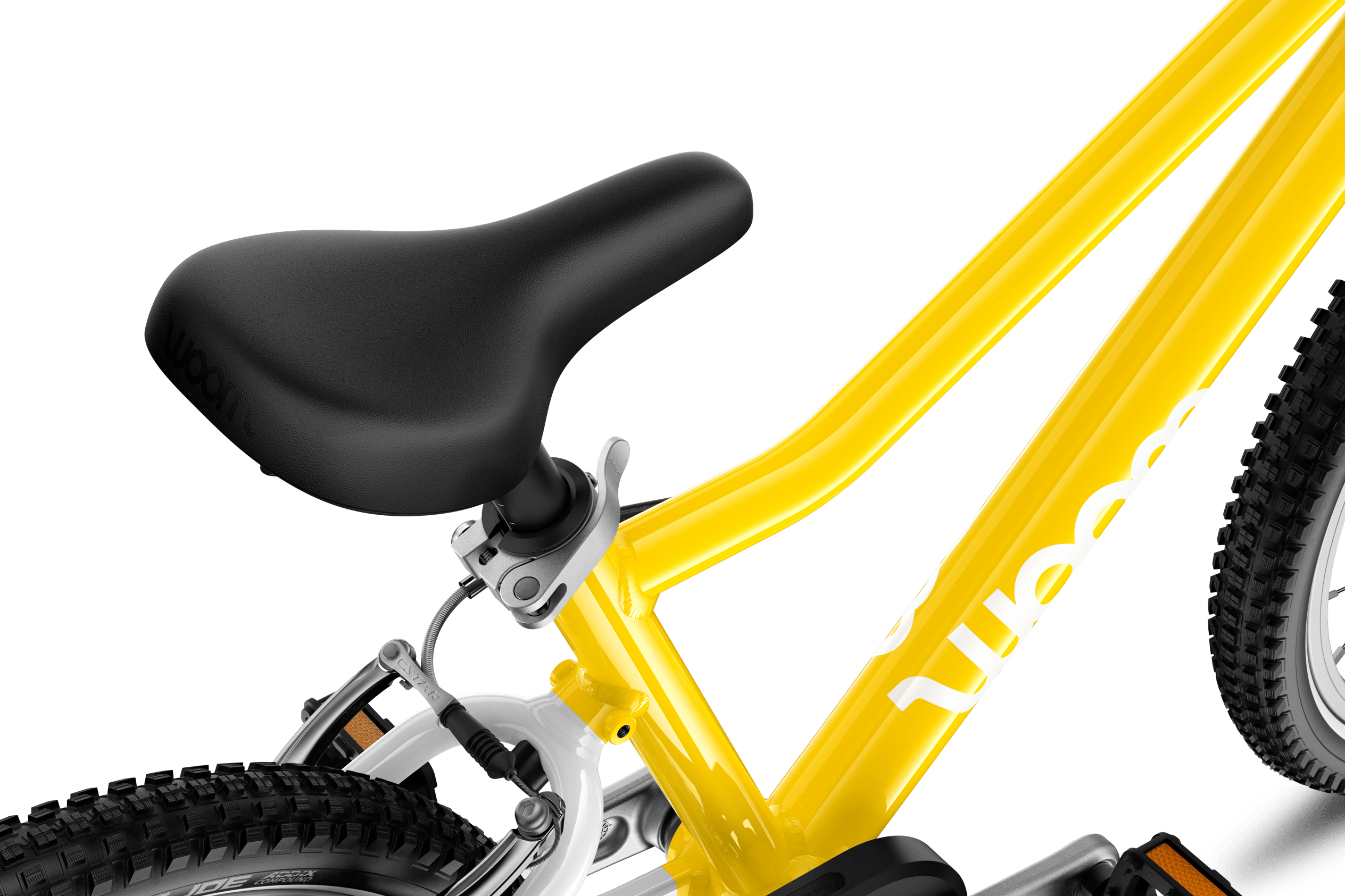 Detailed view of the saddle on the woom GO 3 AUTOMAGIC children's bike
