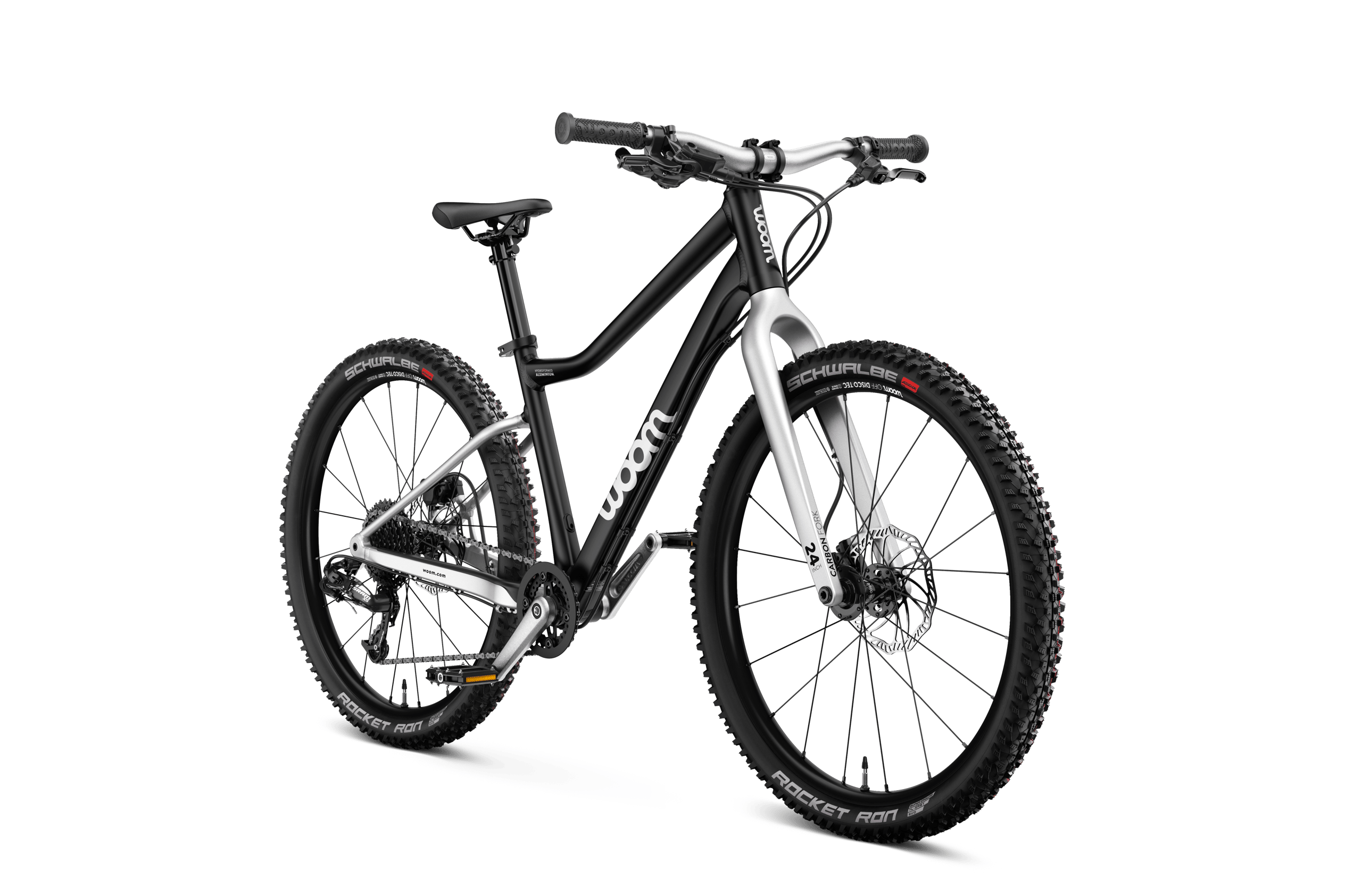 Seitliche Frontansicht des woom OFF 5 Mountainbikes für Kinder ab sieben Jahren.