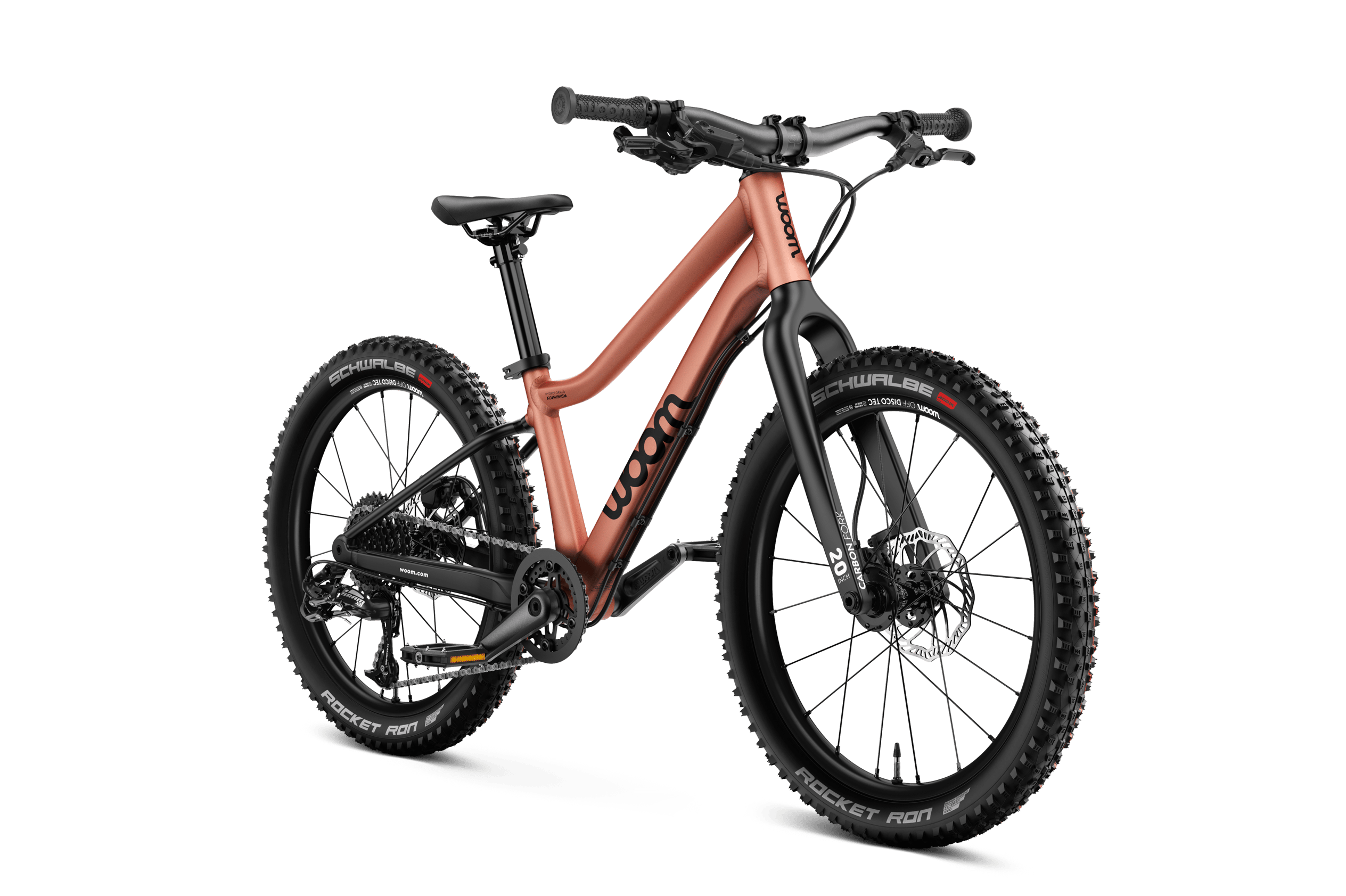 Vue latérale de face du VTT enfant woom OFF 4 pour les enfants à partir de six ans.