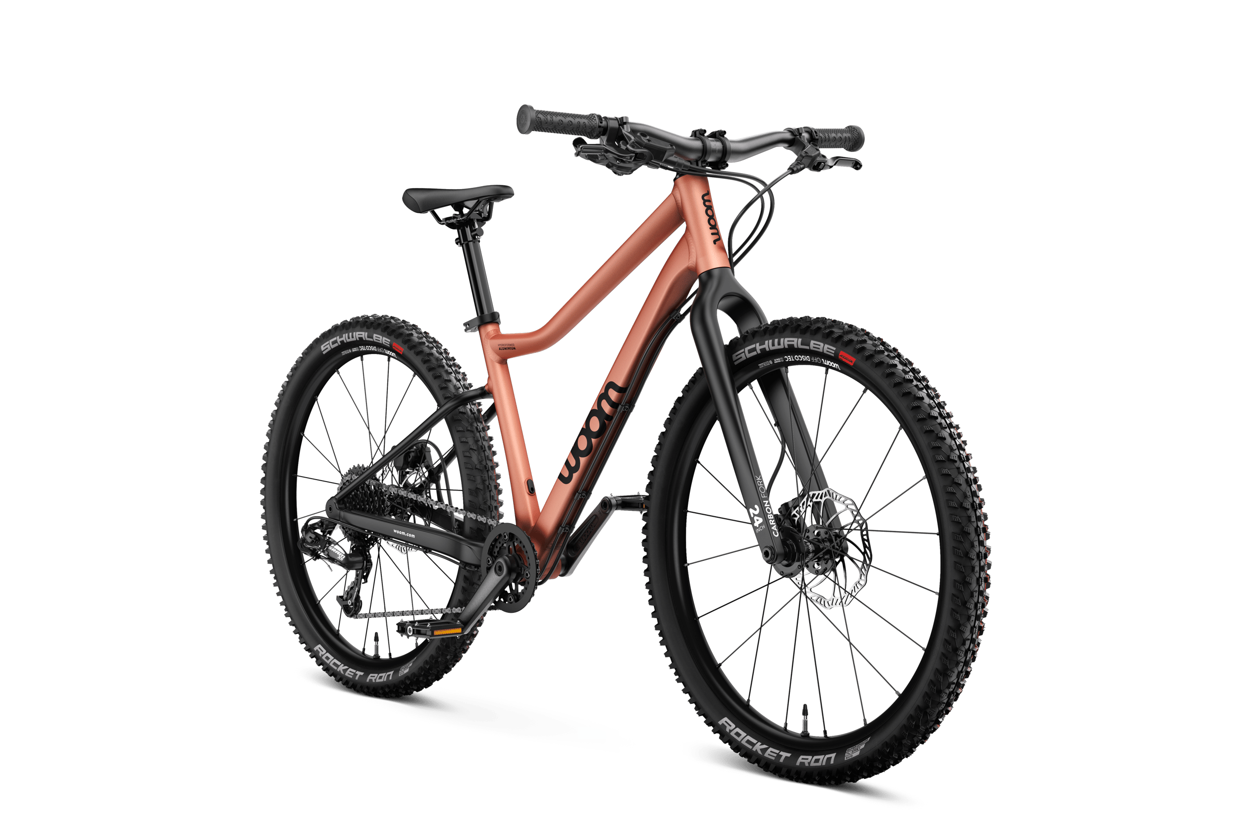 Side front view of the woom OFF 5 mountain bike for children aged 7 years and up.