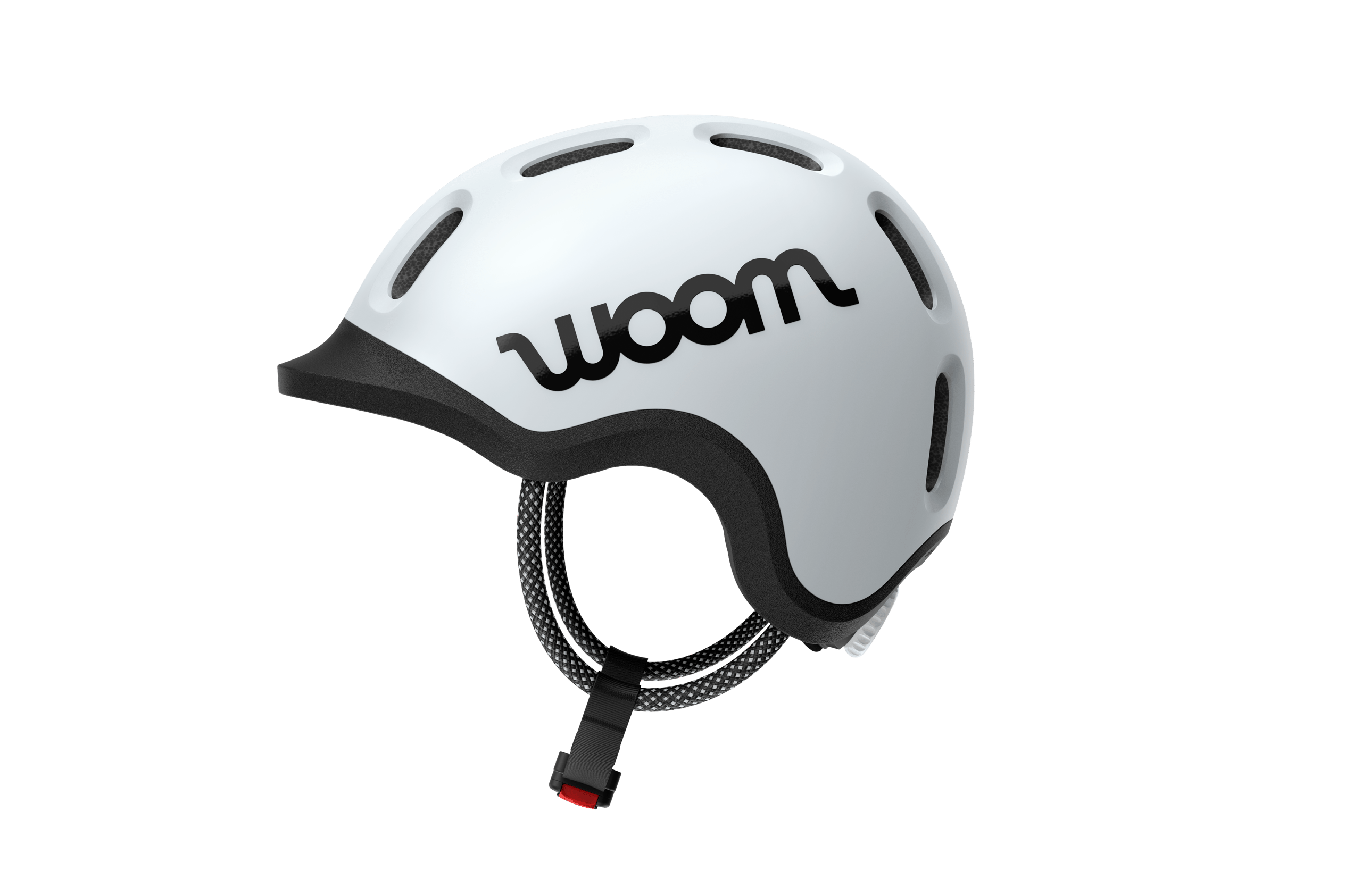 Seitenansicht des roten READY Kinderfahrradhelms mit tief gezogener Helmschale, schwarzem Logo und Schutzschirm