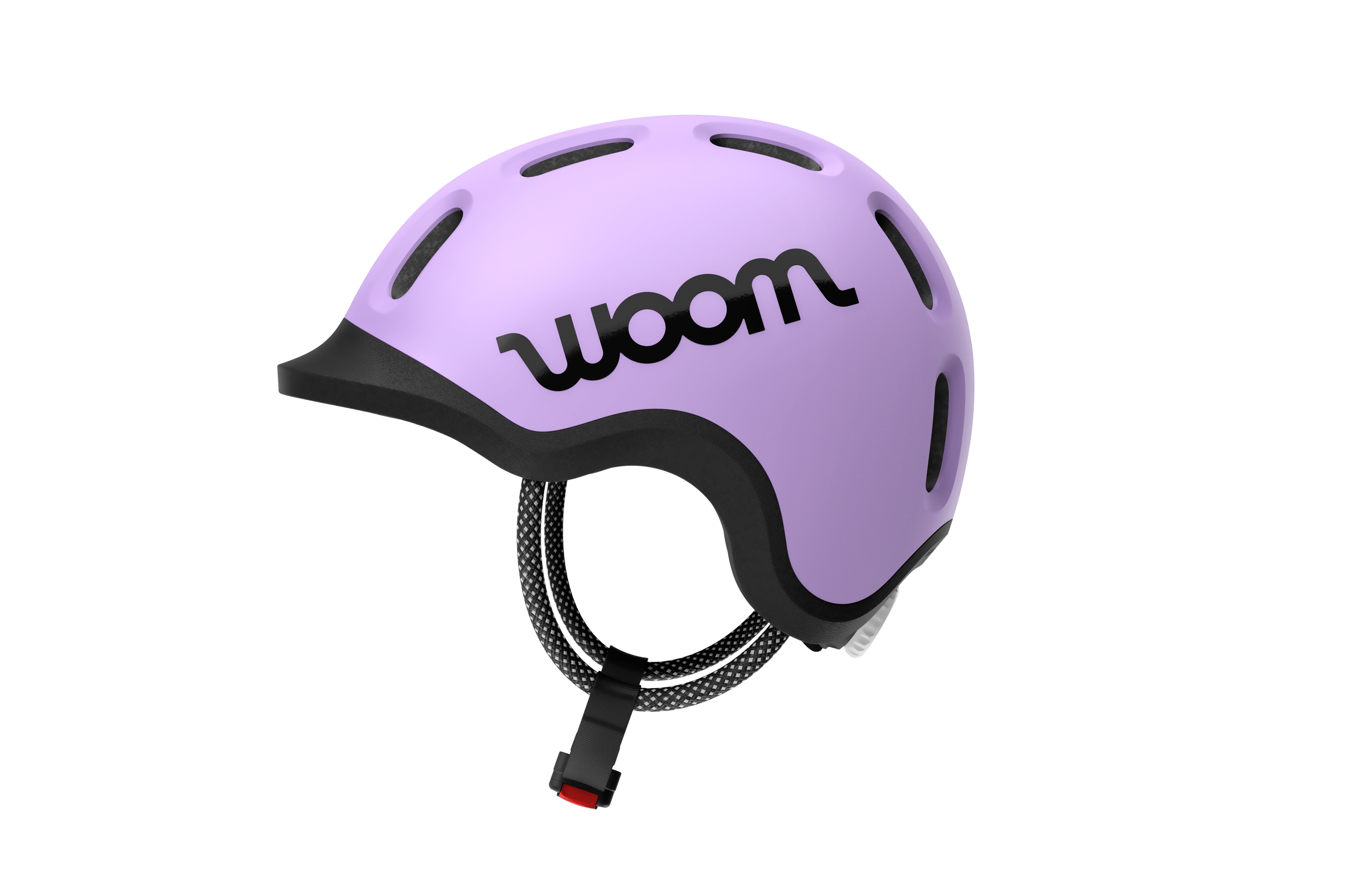 Seitenansicht des roten READY Kinderfahrradhelms mit tief gezogener Helmschale, schwarzem Logo und Schutzschirm