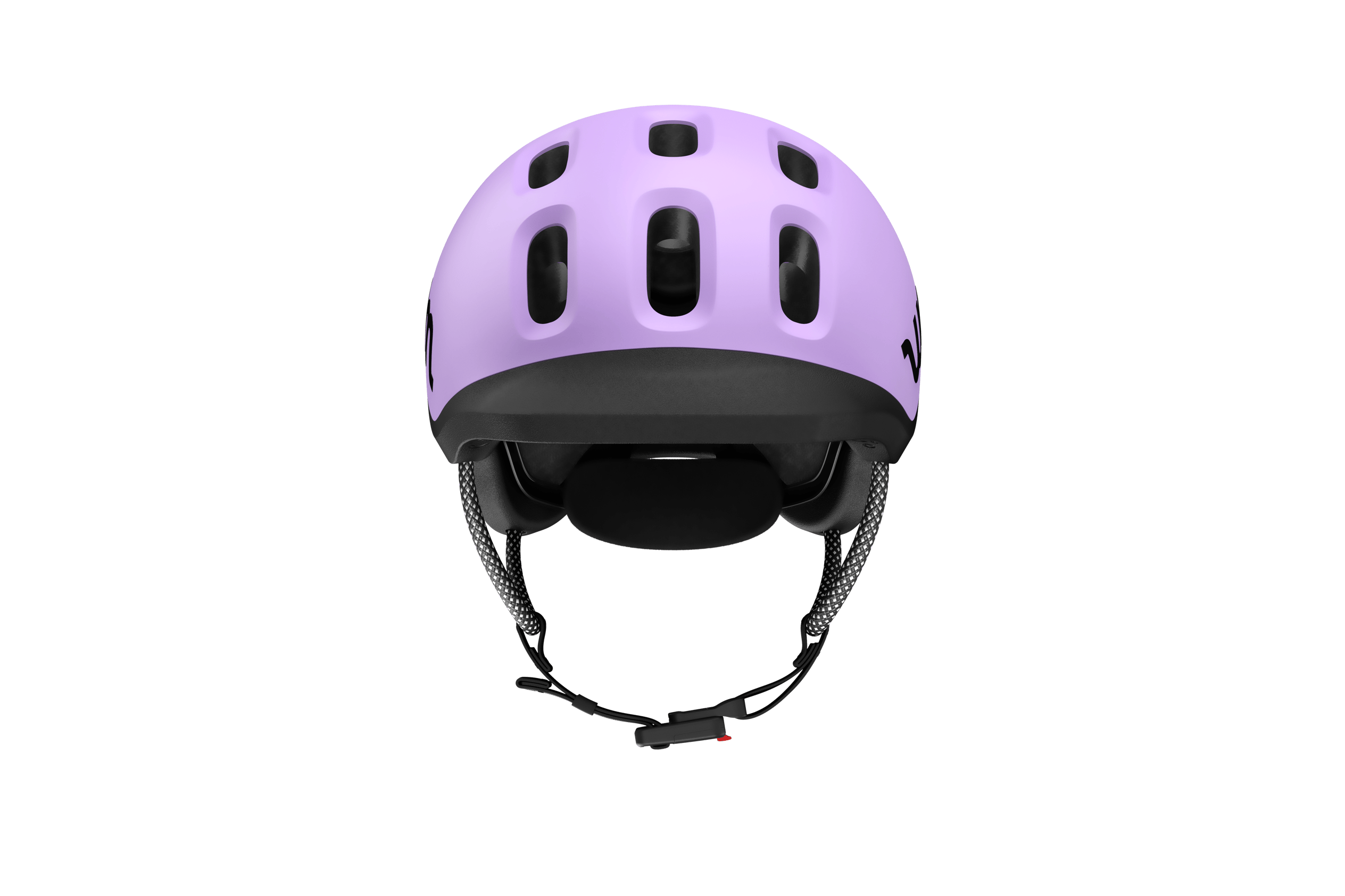 Front view of the READY kids' bike helmet with the black protective visor and padding
