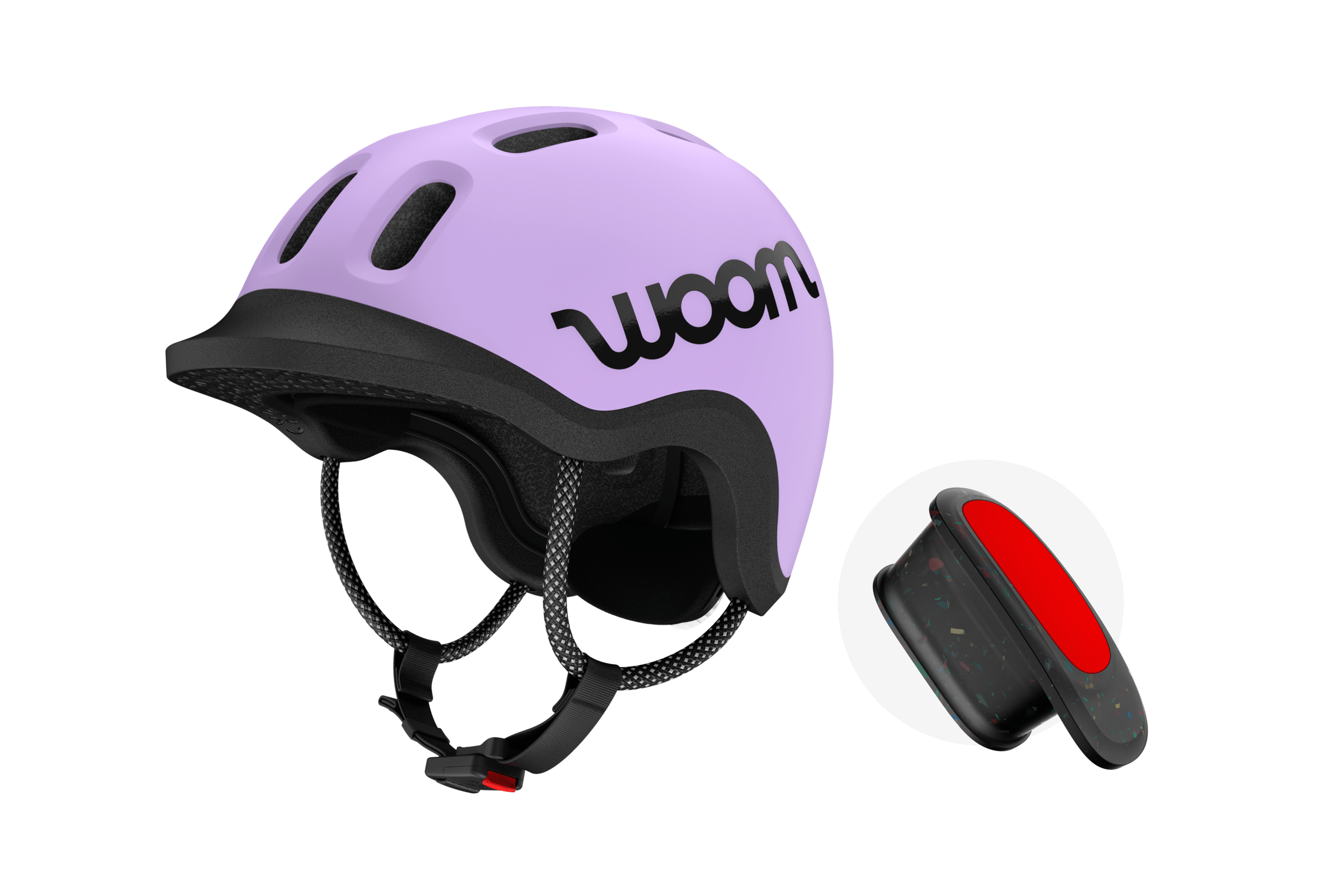 Side front view of a red READY Kids' Helmet and the compatible READY Helmet Light from woom