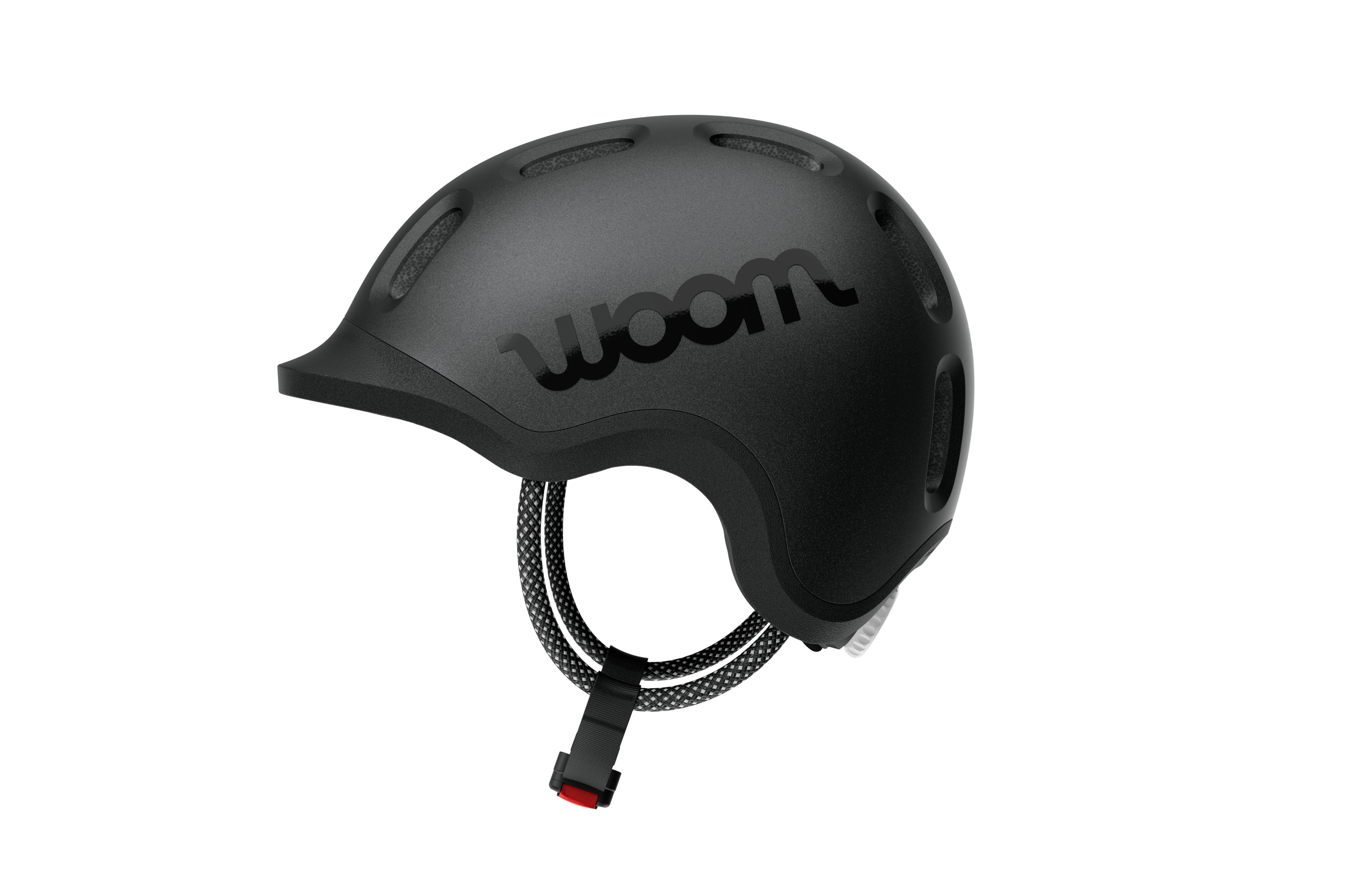 Profile view of a red READY kids' bike helmet with the low helmet shell, black logo and protective visor