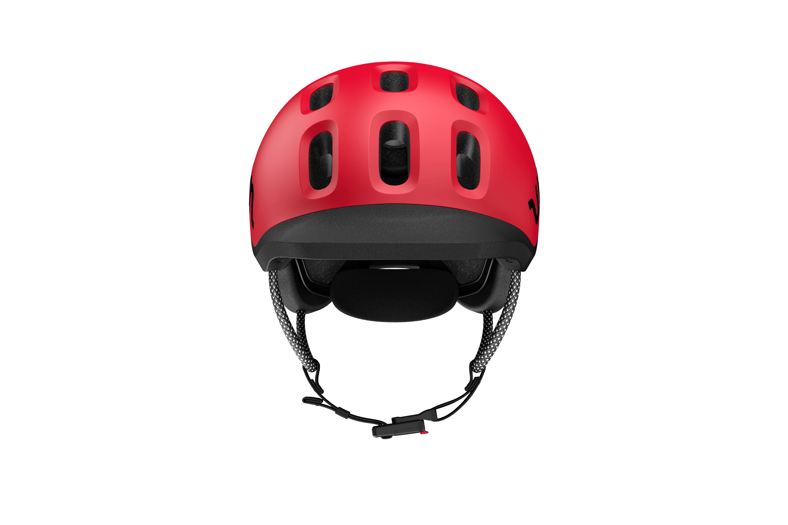 Frontansicht des READY Kinderfahrradhelms mit schwarzem Schutzvisier und Polsterung