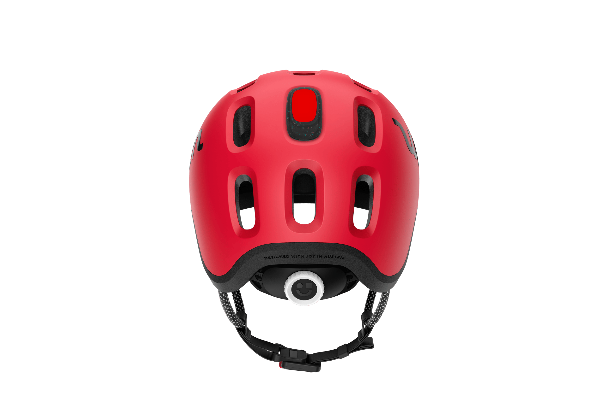 Vue de face de la lampe de casque à LED rouge compatible avec le casque enfant READY de woom