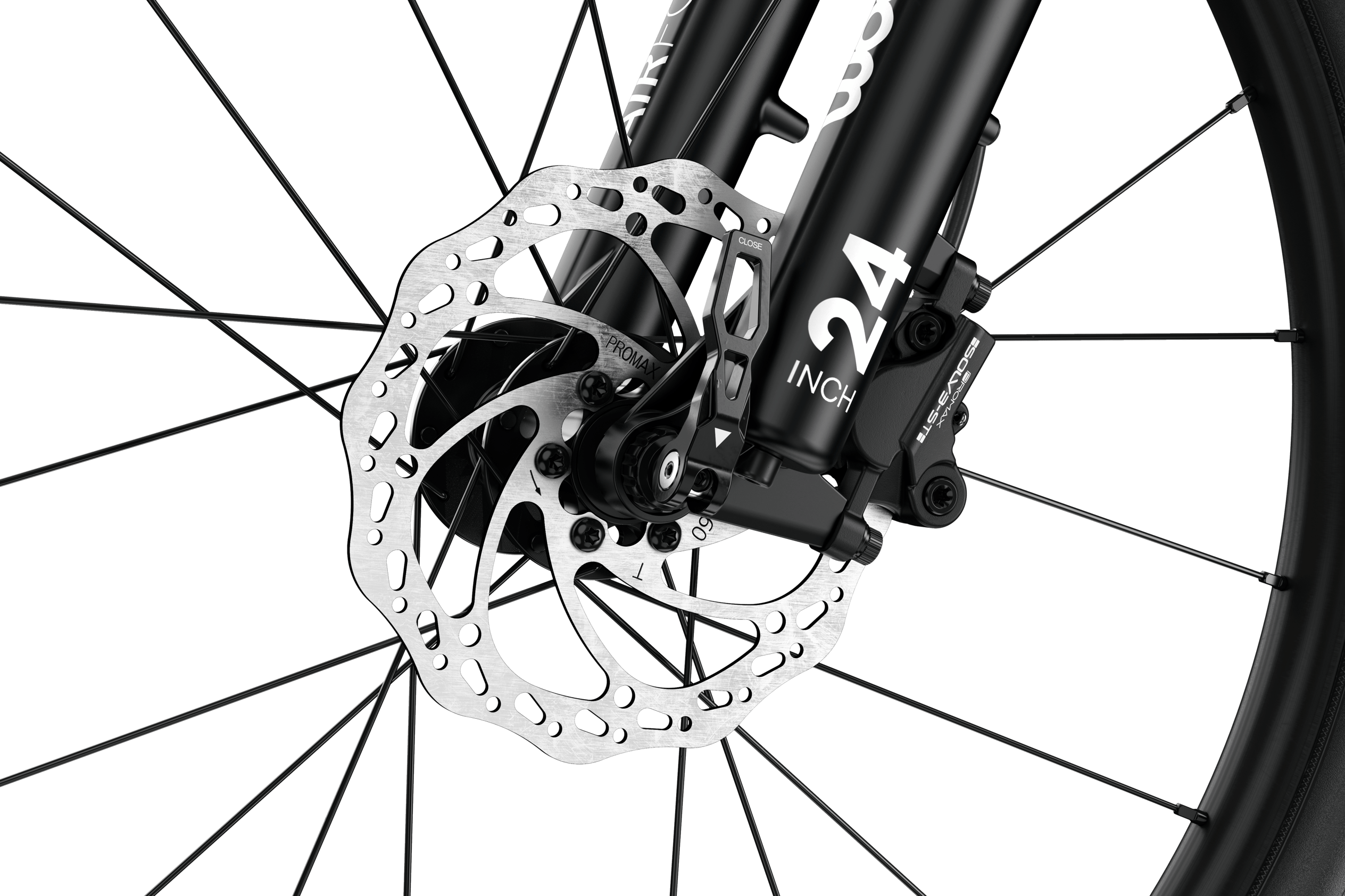 Detailansicht der vorderen Scheibenbremse am woom UP 5 E-Mountainbike für Kinder ab sieben Jahren.