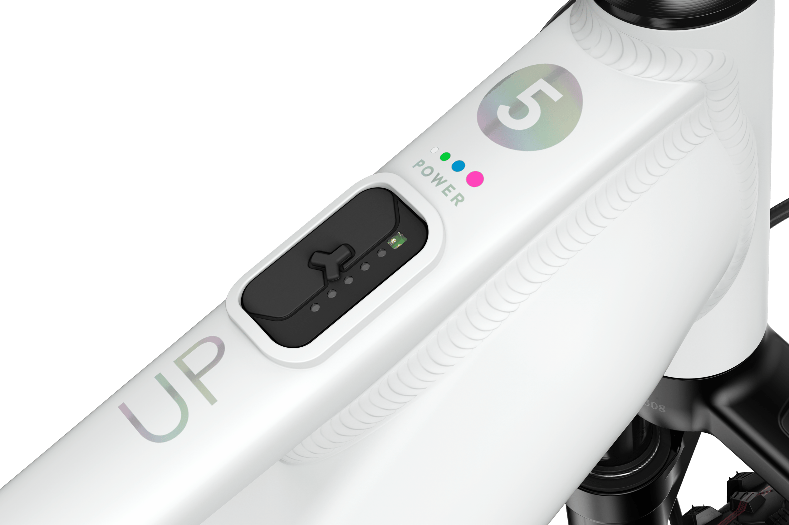 Detailansicht des Bedienungssystems des Fazua-Antriebs am woom UP 5 E-Mountainbike für Kinder.