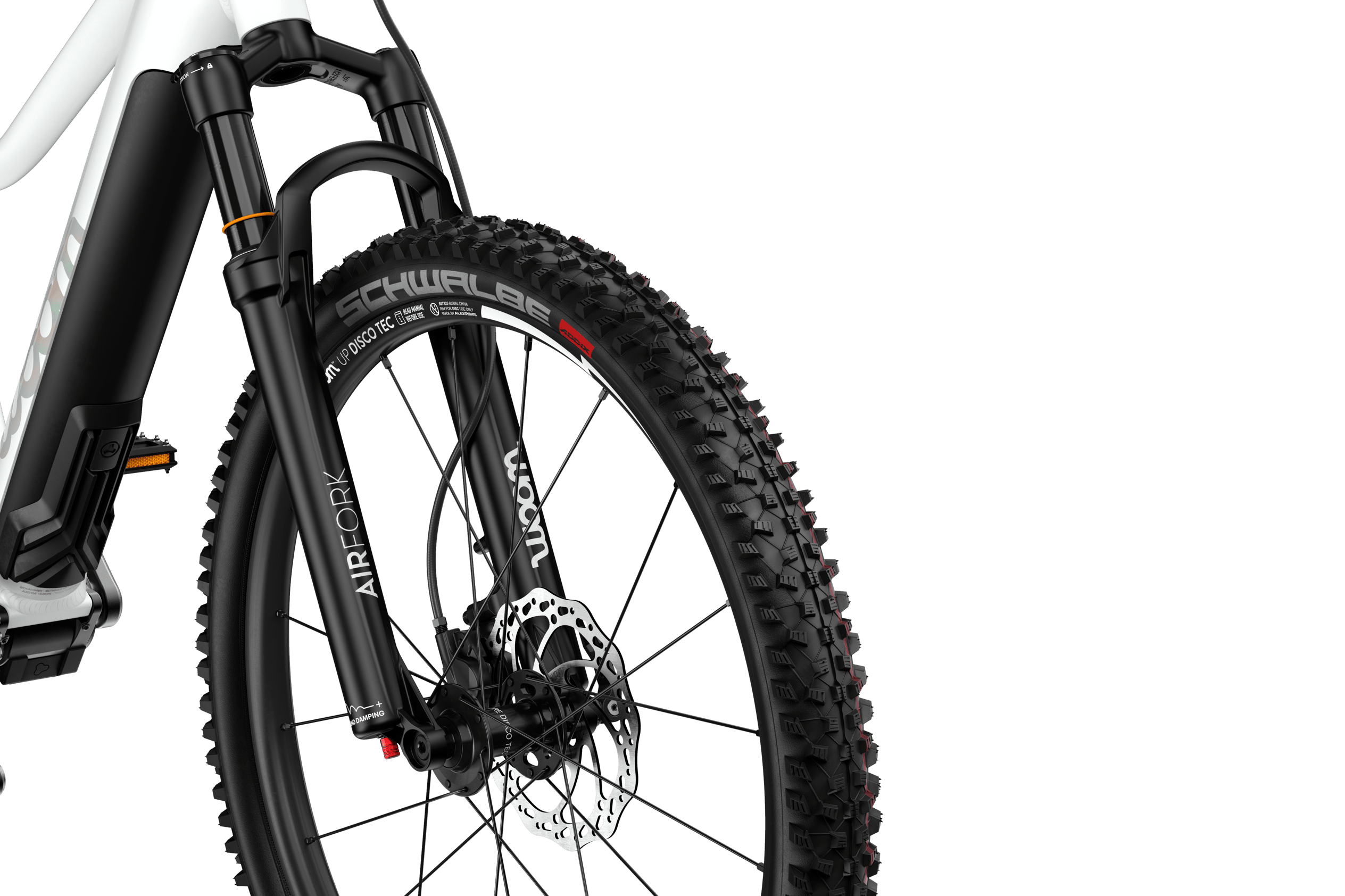 Detailansicht der Luftfedergabel am woom UP 6 E-Mountainbike für Kinder ab zehn Jahren.