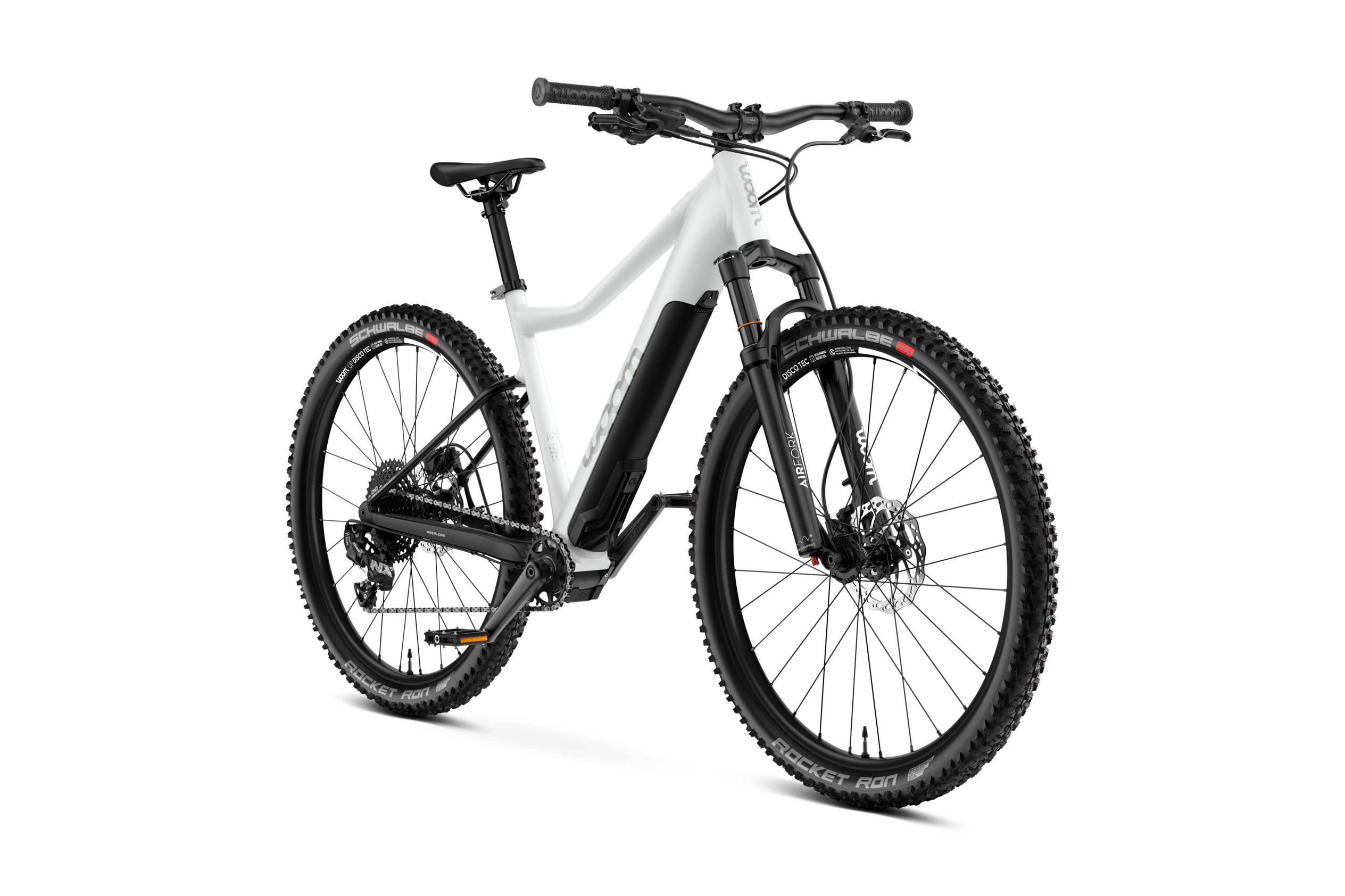 Seitenansicht des woom UP 6 E-Mountainbikes für Kinder ab zehn Jahren in der Farbe cirrus cloud.