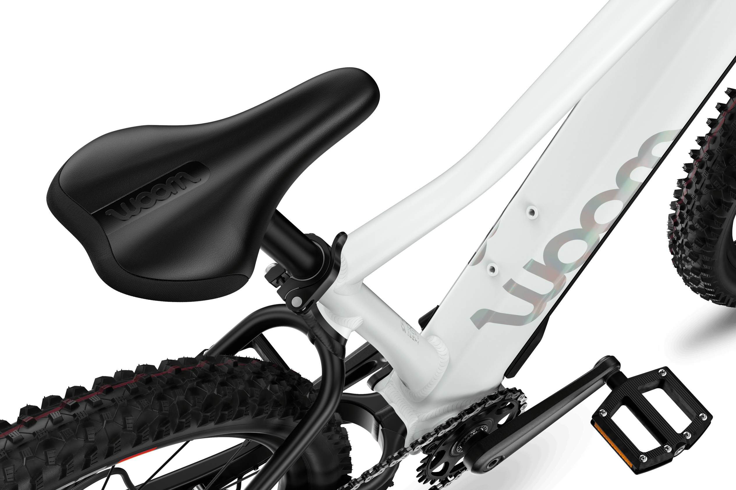 Detailansicht des Sattels am woom UP 6 E-Mountainbike für Kinder.